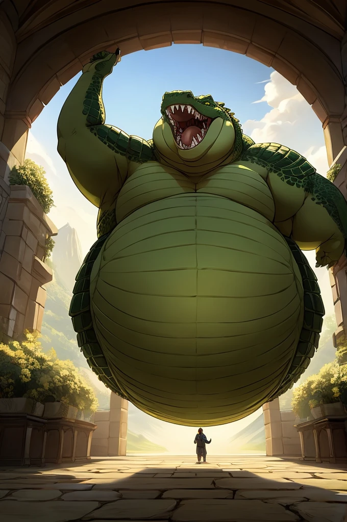 Very Obese green Dragon、, yellow and green crocodile-like scales、Composition looking up from diagonally below abormally obese abdomen、A fat underbelly that spreads to the ground、reaching arm towards screen, Abnormally obese abdomen、Very obese face、Abnormally fatty neck、A belly as swollen as a mountain、toothy grin, A body that fills the screen、Background of a castle throne room, view from above,