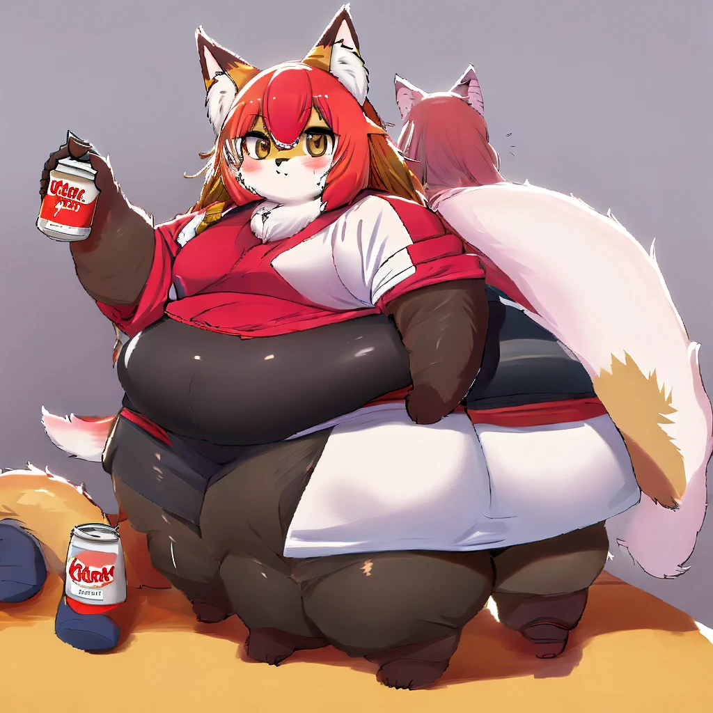 anime character holding a can of soda with a cat on it, holo is a fox girl, fox nobushi, kitsune holding torch, kemono, annie from league of legends, anime girl drinks energy drink, with kitsune mask, akane owari danganronpa, 1 3 5 mm!!, furry anime, epic anime style, Fluffy and Fat Face, Big Butt, Big Cheeks, Obese Body, Sexy, Obese Girl, red hair