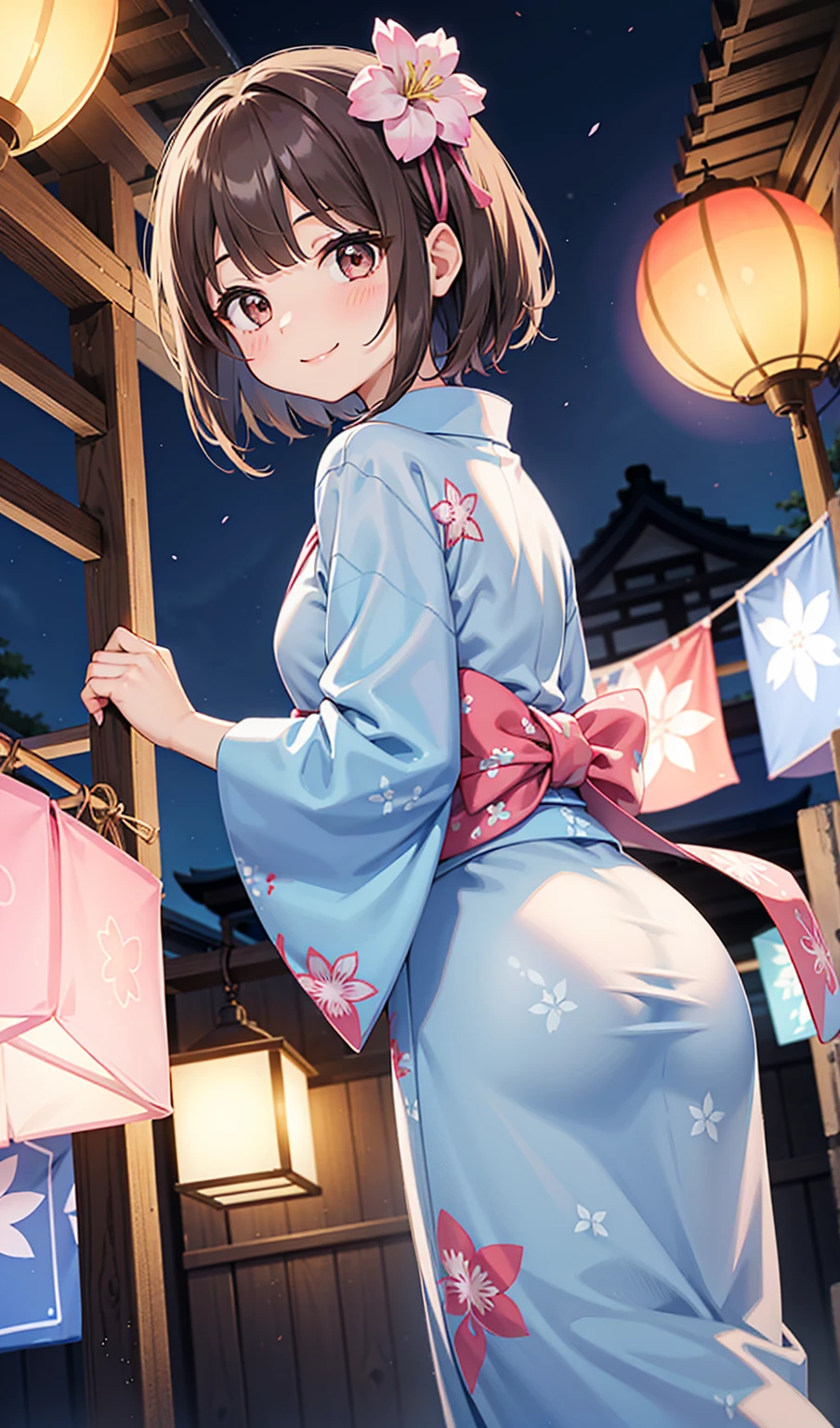 (One girl)、smile、From below、Turn around、Light blue floral yukata、Pink obi、Summer Festival at Night、Dark brown short hair、Dark brown eyes