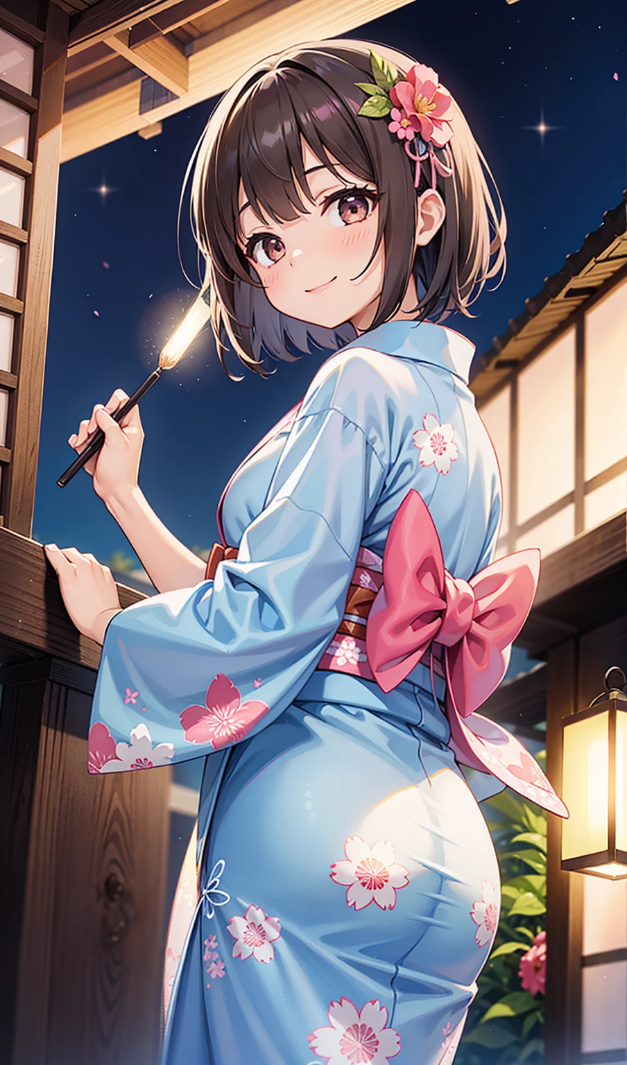 (One girl)、smile、From below、Turn around、Light blue floral yukata、Pink obi、Summer Festival at Night、Dark brown short hair、Dark brown eyes