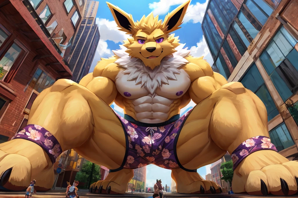 Giant Anthropomorphic Jolteon Pokemon Man, Purple Eyes, Muscular, Looming over the viewer, Tired, Handsome, Charming, View from below, Daddy, Bara, Horny, Flirty, Older Brother, Four toed feet, teasy, teasing the viewer, Macro, Bully, Jock, flirting with tiny viewer, Floral Swimshorts