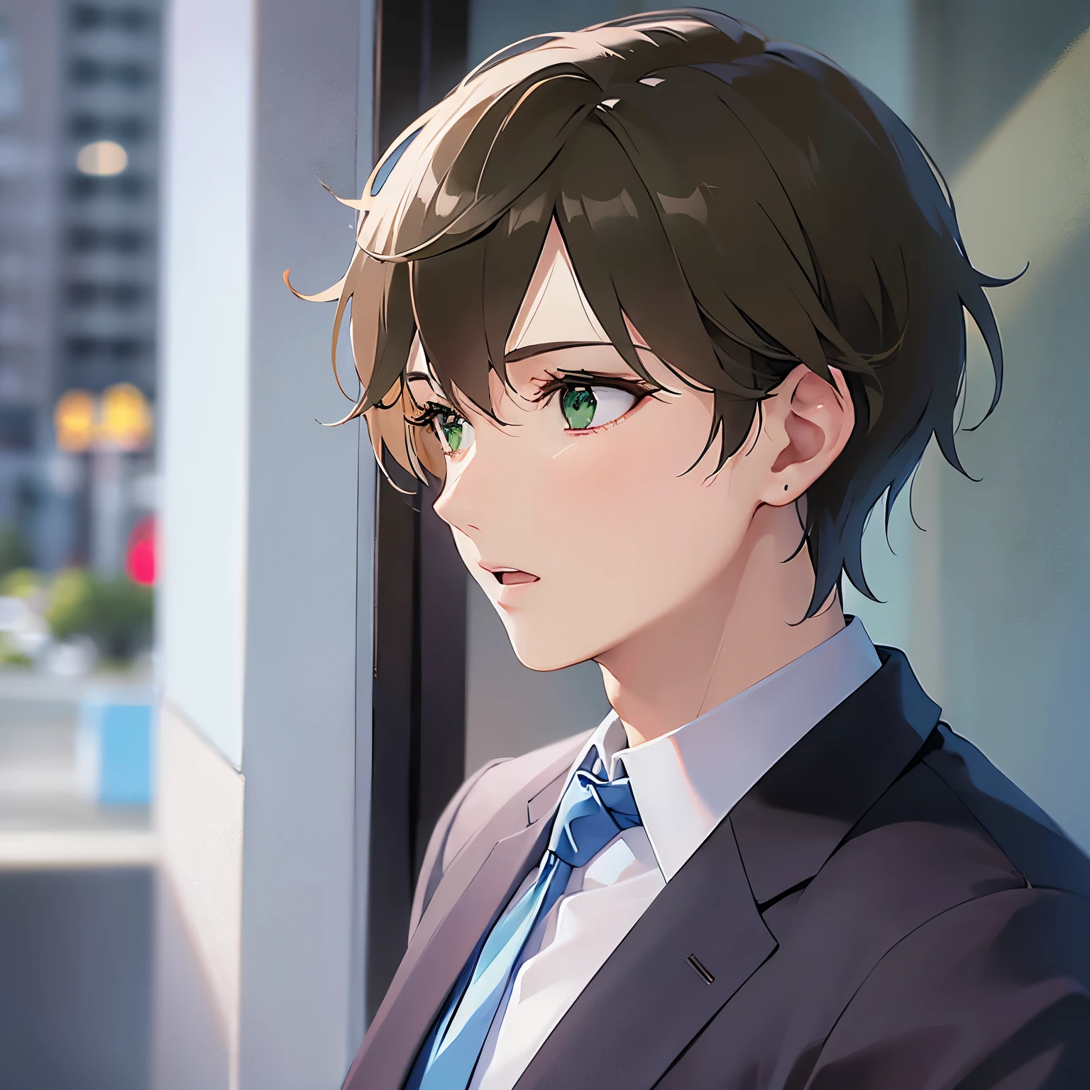 BREAK (25-year-old male:1.5) and (Mahogany brown short hair) and (Green Eyes:1.5) BREAK (white collared shirt) and (Blue tie)、(alone:1.5)、(looking away:1.5),Side shot、 masterpiece、Highest quality、surprised,The background is the office lobby.、open mouth