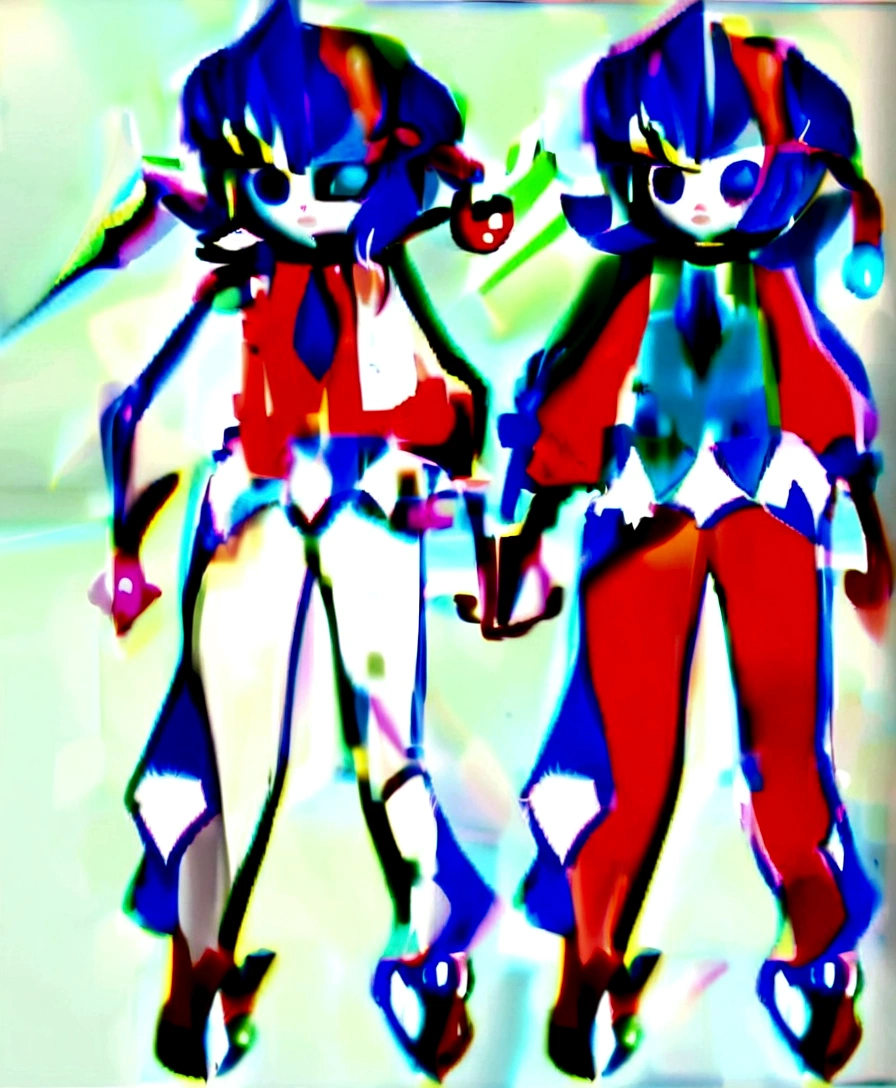 Male character, blue hair, femboy, jester, Crystal theme, multicolor clothes, fullbody and Headshot, front and back reference sheet, identity V style, anime style