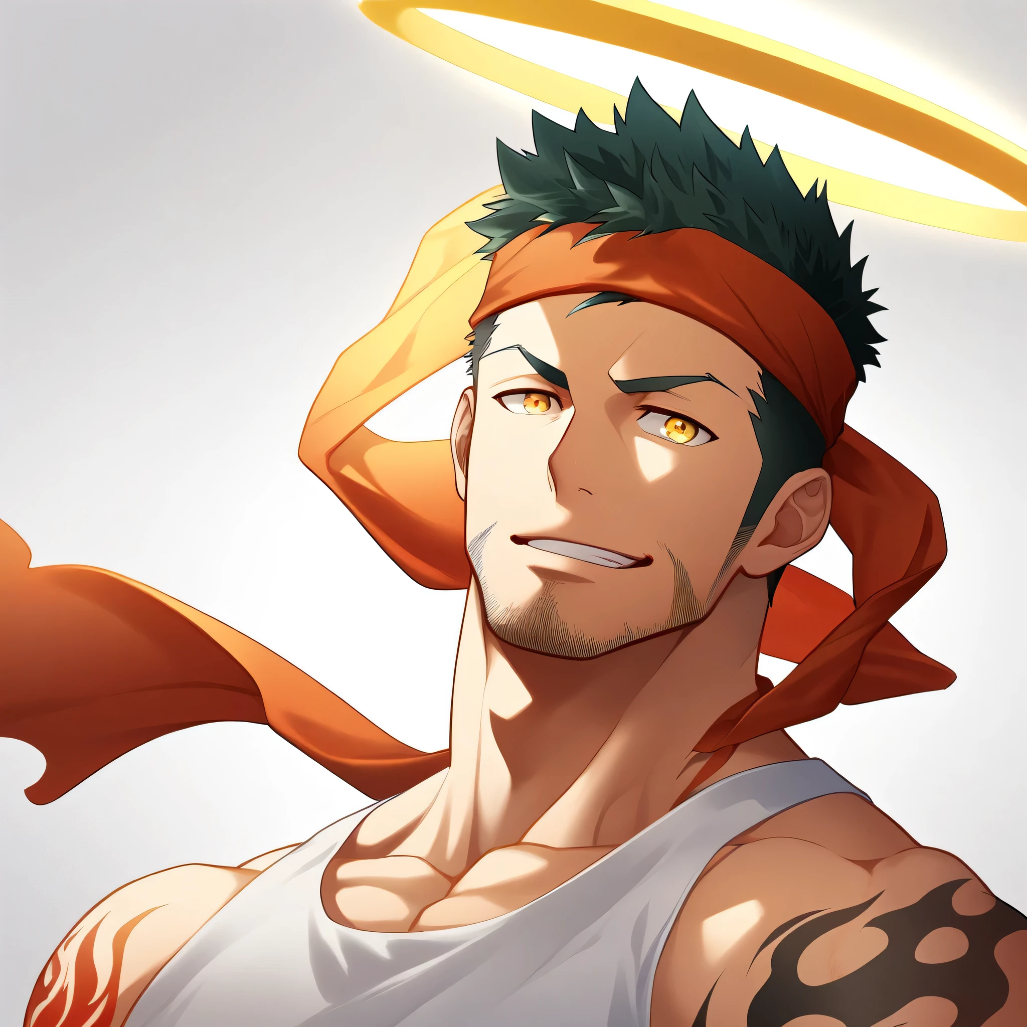 anime characters:Gyee, priapus, 1 young muscular man, male focus, Flame tattoo, sports Red headband, Creamy white spandex tight tank top, muscular male, muscular, only, Upper body, alone, Black short hair, Thick eyebrows, stubble, Yellow eyes, White background, simple background, amazing quality, best aesthetics, Ridiculous, bright pupils, crew cut, naughty face, torogao, parted lips, halo, god rays, best quality