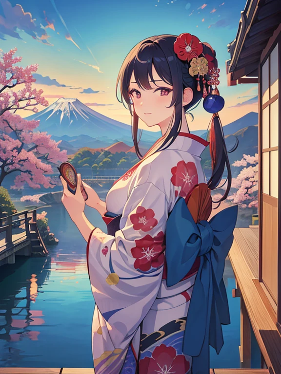 (Highest quality、masterpiece、High resolution、8K)、Colorful、Ukiyo-e、Utamaro、Kimono Beauty、Looking back、bridge、river、Mount Fuji in the distance、Japanese style scenery、Official Art、