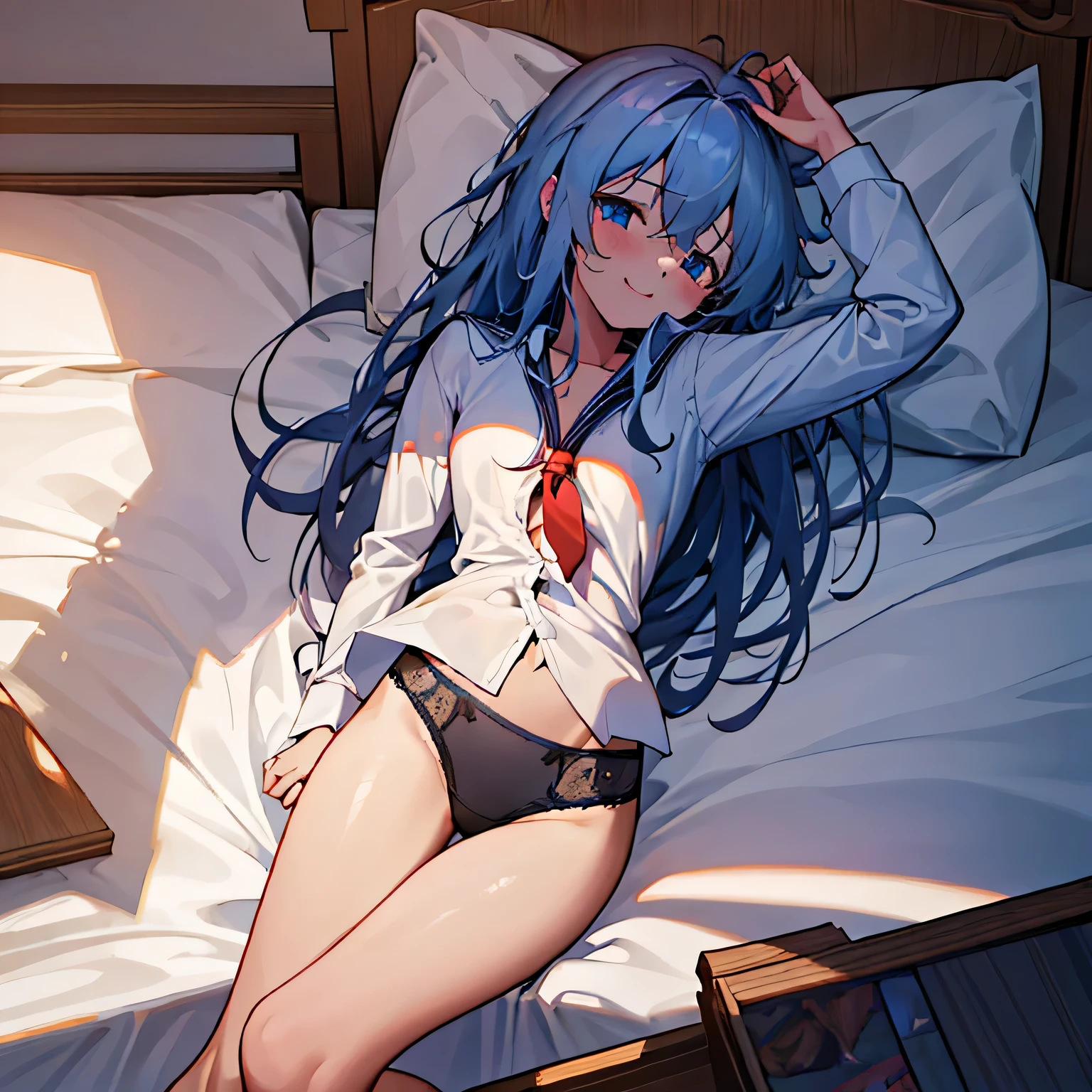 Very detailed CG unity 8K wallpaper,Huge file size,Super detailed,a high resolution,absurd,beautiful eyes,Ray tracing,dramatic shadows,fine details,dramatic angle,superdetailing,(1 girl:1.3), solo, {hibiki_kancolle:1.2}, (on bed:1.2), night, sexy lingerie, smile, (undressing shirts:1.3),
