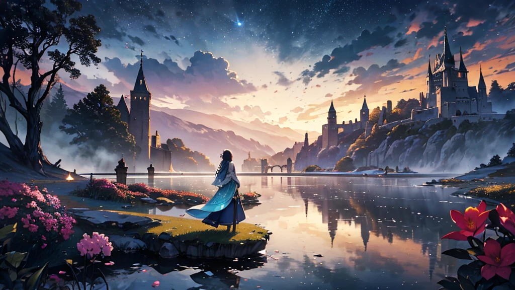 Create a stunning fantasy landscape with a mystical, dreamlike atmosphere. The scene is set at night, illuminated by a colossal, glowing full moon dominating the sky, casting a soft golden light over the entire landscape. The sky is filled with stars, a distant planet, and a spaceship in flight, enhancing the otherworldly feel.In the foreground, a young girl stands on a small rock in a serene lake, her back turned to the viewer, gazing towards the moonlit horizon. She is dressed in a flowing, old-fashioned gown that sways gently. Surrounding her are lush, vibrant flowers and plants, adding rich colors and life to the scene. The water reflects the moonlight, creating a shimmering path that leads towards a grand, ancient castle in the background, perched on a hill and partially shrouded in mist.The castle is adorned with spires and turrets, exuding a sense of mystery and ancient majesty. On the right side, a statue of a mermaid sits pensively on a stone pedestal, further adding to the magical ambiance. In the mid-ground, there are other figures, possibly travelers or guardians, adding depth and a sense of scale to the scene.The overall mood of the image is serene, enchanting, and slightly melancholic, capturing a moment of awe and wonder as the girl contemplates the majestic view before her. The composition should highlight the vastness of the night sky, the grandeur of the castle, and the tranquil beauty of the natural surroundings, creating a rich and immersive fantasy world.
