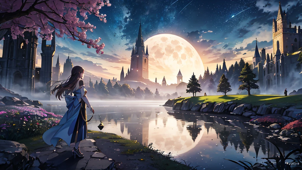Create a stunning fantasy landscape with a mystical, dreamlike atmosphere. The scene is set at night, illuminated by a colossal, glowing full moon dominating the sky, casting a soft golden light over the entire landscape. The sky is filled with stars, a distant planet, and a spaceship in flight, enhancing the otherworldly feel.In the foreground, a young girl stands on a small rock in a serene lake, her back turned to the viewer, gazing towards the moonlit horizon. She is dressed in a flowing, old-fashioned gown that sways gently. Surrounding her are lush, vibrant flowers and plants, adding rich colors and life to the scene. The water reflects the moonlight, creating a shimmering path that leads towards a grand, ancient castle in the background, perched on a hill and partially shrouded in mist.The castle is adorned with spires and turrets, exuding a sense of mystery and ancient majesty. On the right side, a statue of a mermaid sits pensively on a stone pedestal, further adding to the magical ambiance. In the mid-ground, there are other figures, possibly travelers or guardians, adding depth and a sense of scale to the scene.The overall mood of the image is serene, enchanting, and slightly melancholic, capturing a moment of awe and wonder as the girl contemplates the majestic view before her. The composition should highlight the vastness of the night sky, the grandeur of the castle, and the tranquil beauty of the natural surroundings, creating a rich and immersive fantasy world.