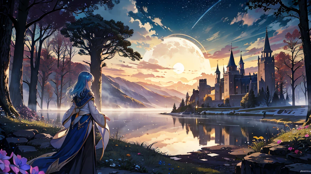 Create a stunning fantasy landscape with a mystical, dreamlike atmosphere. The scene is set at night, illuminated by a colossal, glowing full moon dominating the sky, casting a soft golden light over the entire landscape. The sky is filled with stars, a distant planet, and a spaceship in flight, enhancing the otherworldly feel.In the foreground, a young girl stands on a small rock in a serene lake, her back turned to the viewer, gazing towards the moonlit horizon. She is dressed in a flowing, old-fashioned gown that sways gently. Surrounding her are lush, vibrant flowers and plants, adding rich colors and life to the scene. The water reflects the moonlight, creating a shimmering path that leads towards a grand, ancient castle in the background, perched on a hill and partially shrouded in mist.The castle is adorned with spires and turrets, exuding a sense of mystery and ancient majesty. On the right side, a statue of a mermaid sits pensively on a stone pedestal, further adding to the magical ambiance. In the mid-ground, there are other figures, possibly travelers or guardians, adding depth and a sense of scale to the scene.The overall mood of the image is serene, enchanting, and slightly melancholic, capturing a moment of awe and wonder as the girl contemplates the majestic view before her. The composition should highlight the vastness of the night sky, the grandeur of the castle, and the tranquil beauty of the natural surroundings, creating a rich and immersive fantasy world.