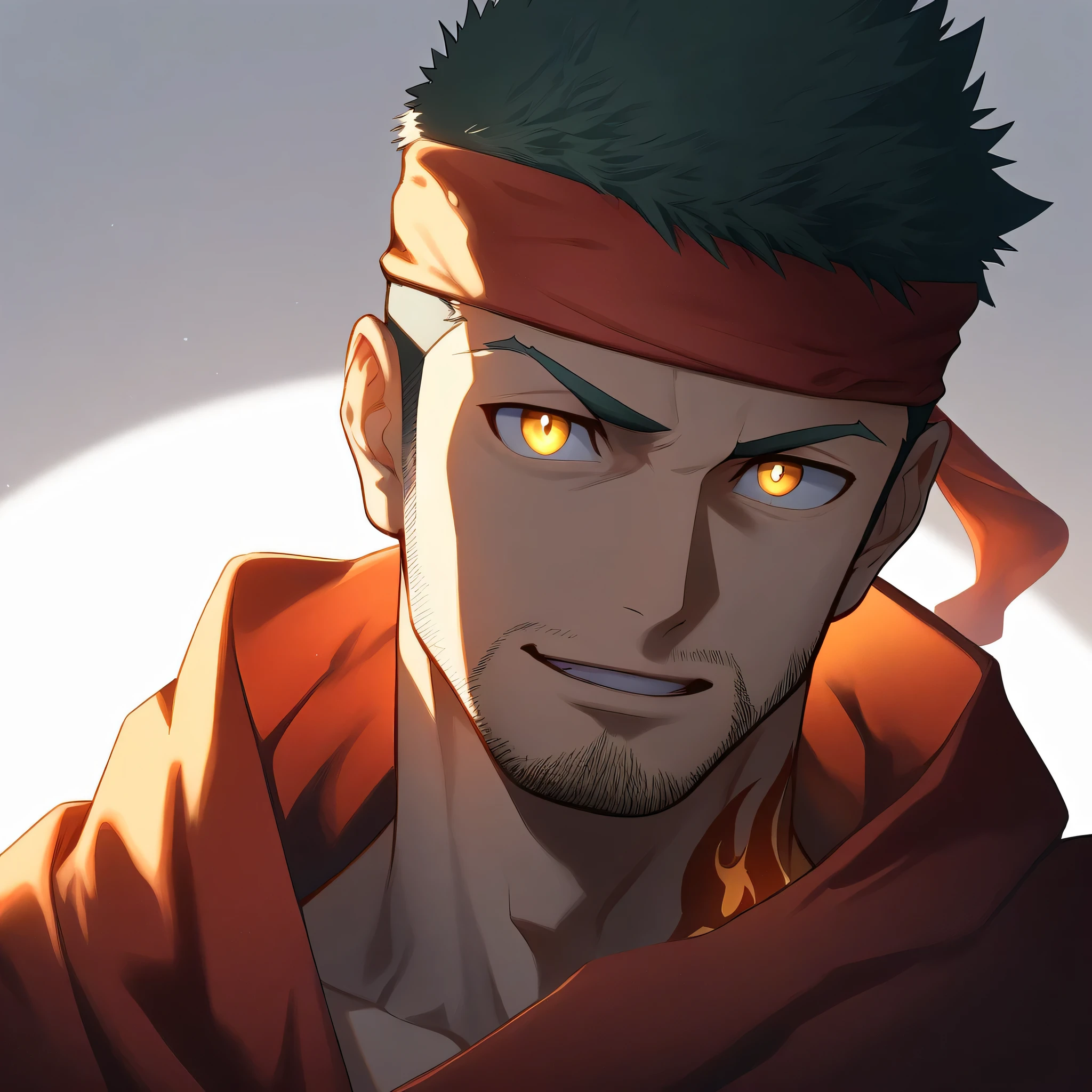 anime characters:Gyee, priapus, 1 muscular man god, Flame tattoo, sports Red headband, Priestly robes, muscular male, muscular, only, Upper body, alone, Black short hair, Thick eyebrows, stubble, Yellow eyes, White background, simple background, amazing quality, best aesthetics, Ridiculous, bright pupils, crew cut, naughty face, torogao, parted lips, god rays, chiaroscuro, drop shadow, best quality