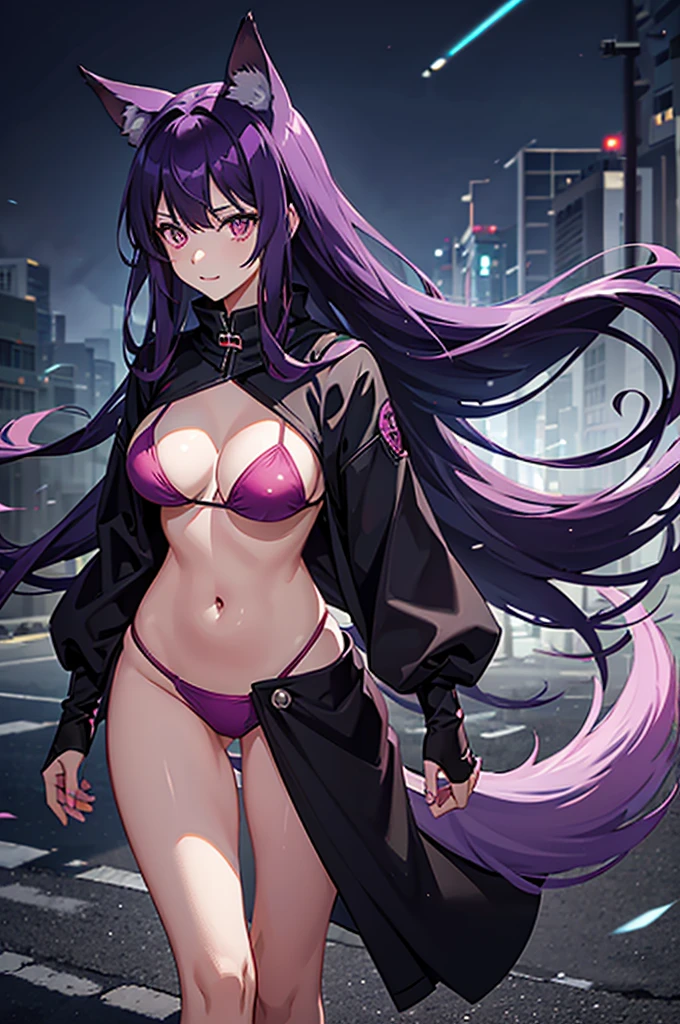 1woman, dark purple hair, pink eyes, fox ears, fox tail, bikini, standing on ground, high res, ultra sharp, 8K, masterpiece