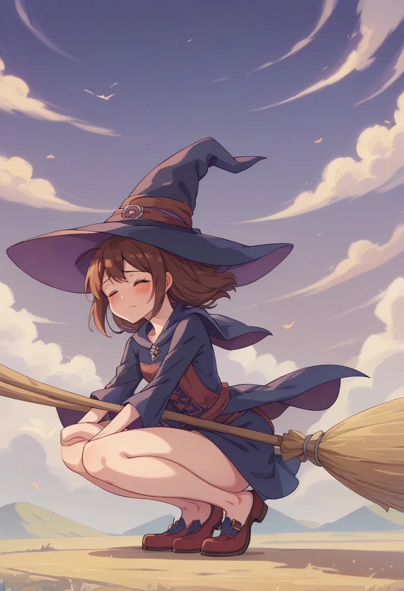 ((((空を飛ぶwitch))),((Ride a broom)),(Straddling a broom),Fantasy,Beautiful light and shadow,Anatomically correct,masterpiece,Highest quality,最高masterpiece,8K,Use of magic,witch:witchの帽子:witchの衣装:Familiar,Wind,Fantasy,wonderful,An illustration,Digital Art,wonderful,wonderful,カラーAn illustration,Rich colors,(Blushing),(Eyes closed),(Mouth closed),(Holding the end of the broom tightly with both hands),(slightly squatting),(Both feet are on the ground),(Both feet are wearing shoes),（ One broom handle、The broom handle is connected）,(The tips of the broom face backwards)