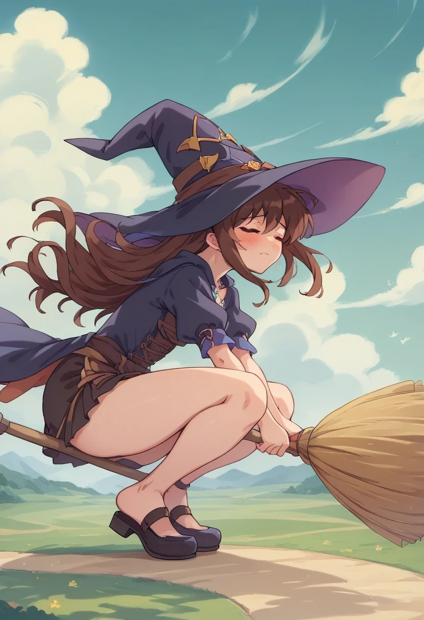 ((((空を飛ぶwitch))),((Ride a broom)),(Straddling a broom),Fantasy,Beautiful light and shadow,Anatomically correct,masterpiece,Highest quality,最高masterpiece,8K,Use of magic,witch:witchの帽子:witchの衣装:Familiar,Wind,Fantasy,wonderful,An illustration,Digital Art,wonderful,wonderful,カラーAn illustration,Rich colors,(Blushing),(Eyes closed),(Mouth closed),(Holding the end of the broom tightly with both hands),(slightly squatting),(Both feet are on the ground),(Both feet are wearing shoes),（ One broom handle、The broom handle is connected）,(The tips of the broom face backwards)