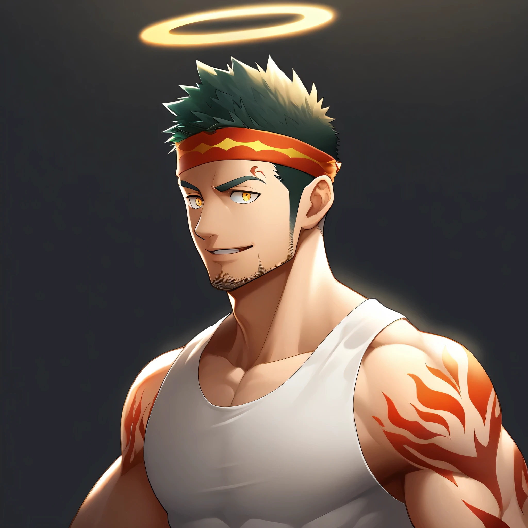 anime characters：Gyee, priapus, 1 young muscular man, male focus, Flame tattoo, sports Red headband, Creamy white spandex tight tank top, muscular male, muscular, only, Upper body, alone, Black short hair, Thick eyebrows, stubble, Yellow eyes, White background, simple background, amazing quality, best aesthetics, Ridiculous, bright pupils, crew cut, naughty face, torogao, parted lips, halo, god rays, best quality