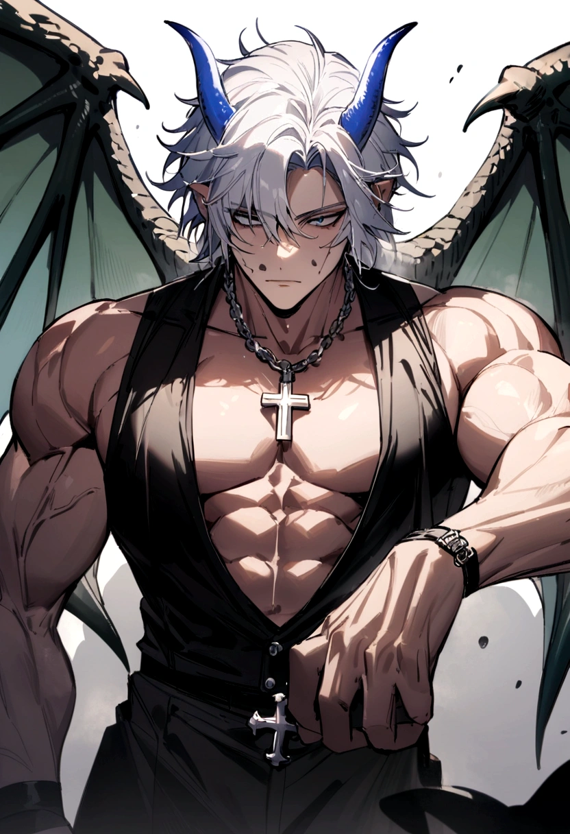 homen,Strong muscles, White hair, best quality,open chest vest, blue and black clothes, Dragon Wings, black cloth on face, silver cross chain on neck, fedora hat with blue horns, rosto de jin woo