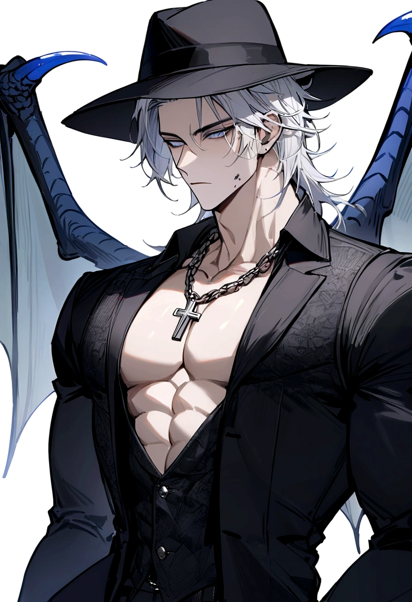 homen,Strong muscles, White hair, best quality,open chest vest, blue and black clothes, Dragon Wings, black cloth on face, silver cross chain on neck, fedora hat with blue horns, rosto de jin woo