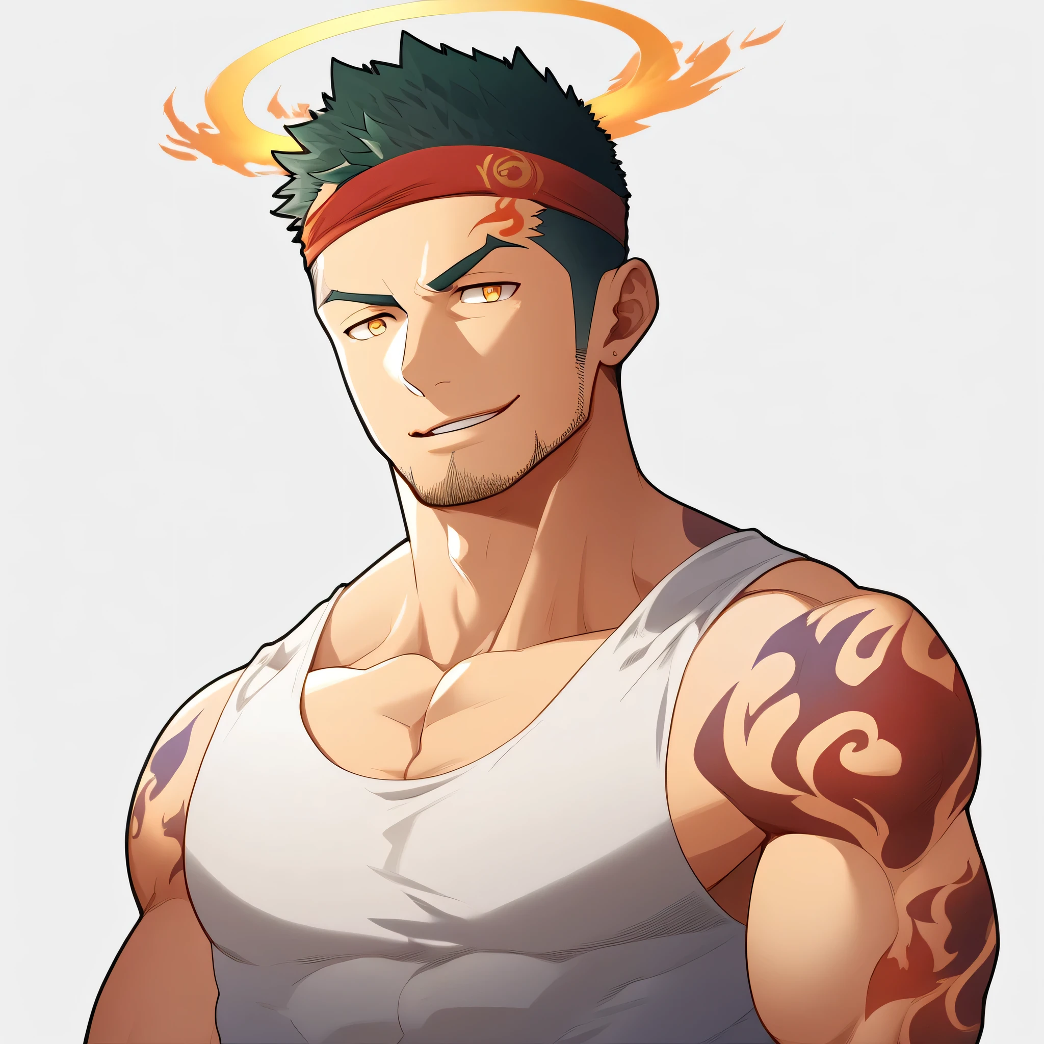 anime characters:Gyee, priapus, ung muscular man, male focus, Flame tattoo, sports Red headband, Creamy white spandex tight tank top, muscular male, muscular, only, Upper body, alone, Black short hair, Thick eyebrows, stubble, Yellow eyes, White background, simple background, amazing quality, best aesthetics, Ridiculous, bright pupils, crew cut, naughty face, torogao, parted lips, halo, god rays, best quality