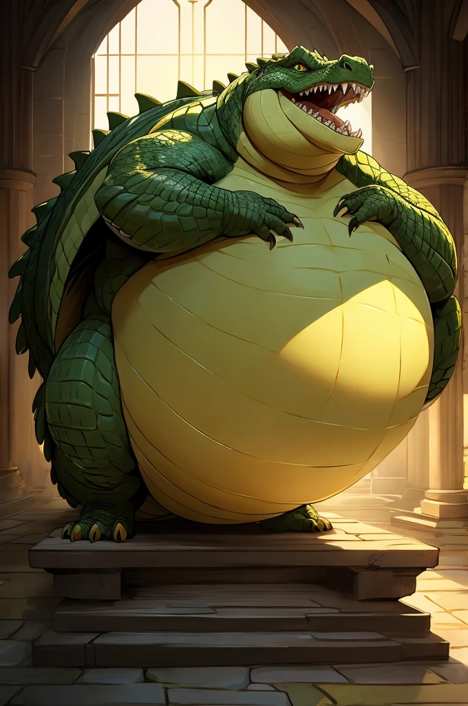 Very Obese green Dragon、, yellow and green crocodile-like scales、Composition looking up from diagonally below abormally obese abdomen、A fat underbelly that spreads to the ground、reaching arm towards screen, Abnormally obese abdomen、Very obese face、Abnormally fatty neck、A belly as swollen as a mountain、toothy grin, A body that fills the screen、Background of a castle throne room, view from above,