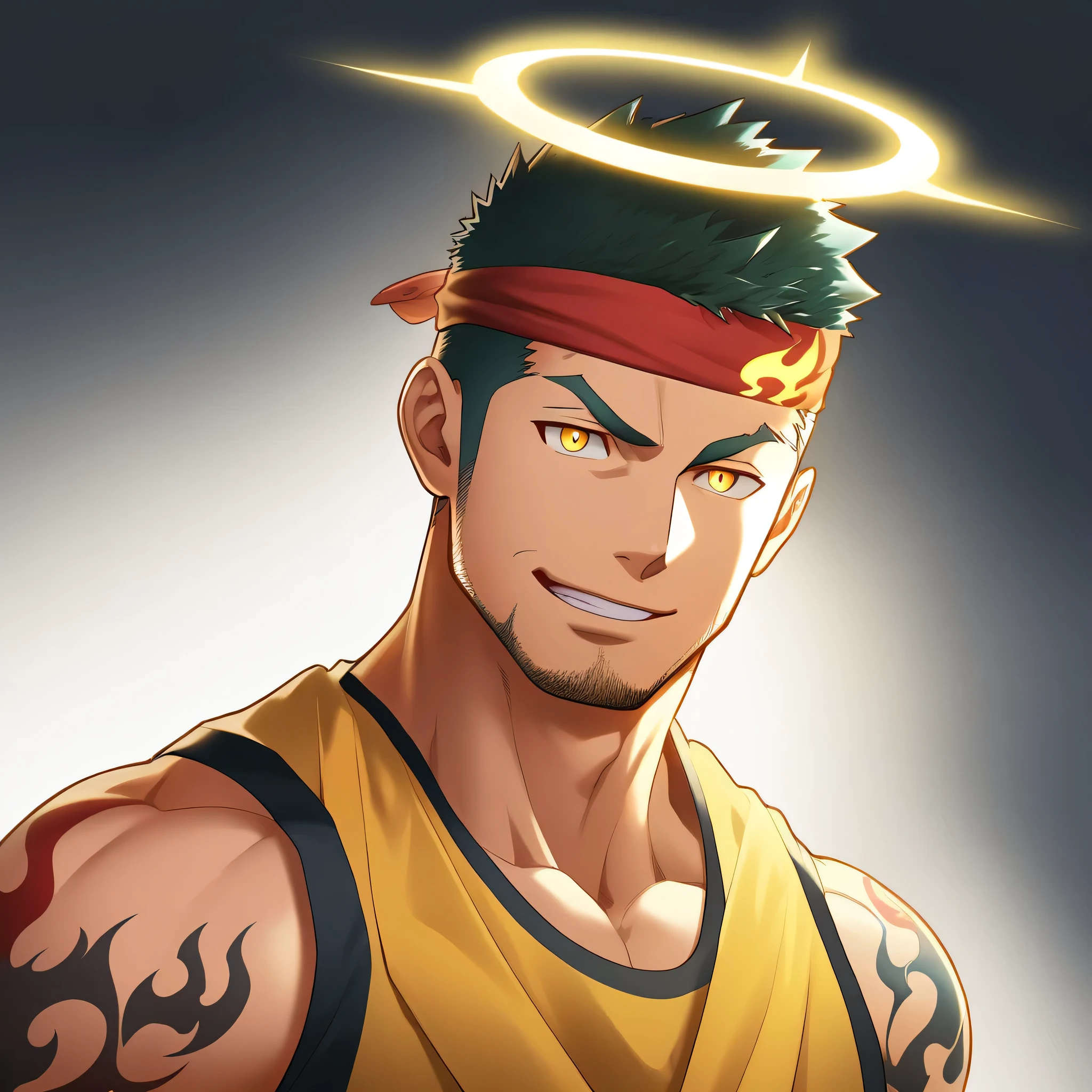 anime characters：Gyee, priapus, 1 young muscular man, male focus, Flame tattoo, sports Red headband, Dark Yellow spandex tight tank top, muscular male, muscular, only, Upper body, alone, Black short hair, Thick eyebrows, stubble, Yellow eyes, White background, simple background, amazing quality, best aesthetics, Ridiculous, bright pupils, crew cut, naughty face, torogao, parted lips, halo, god rays, best quality