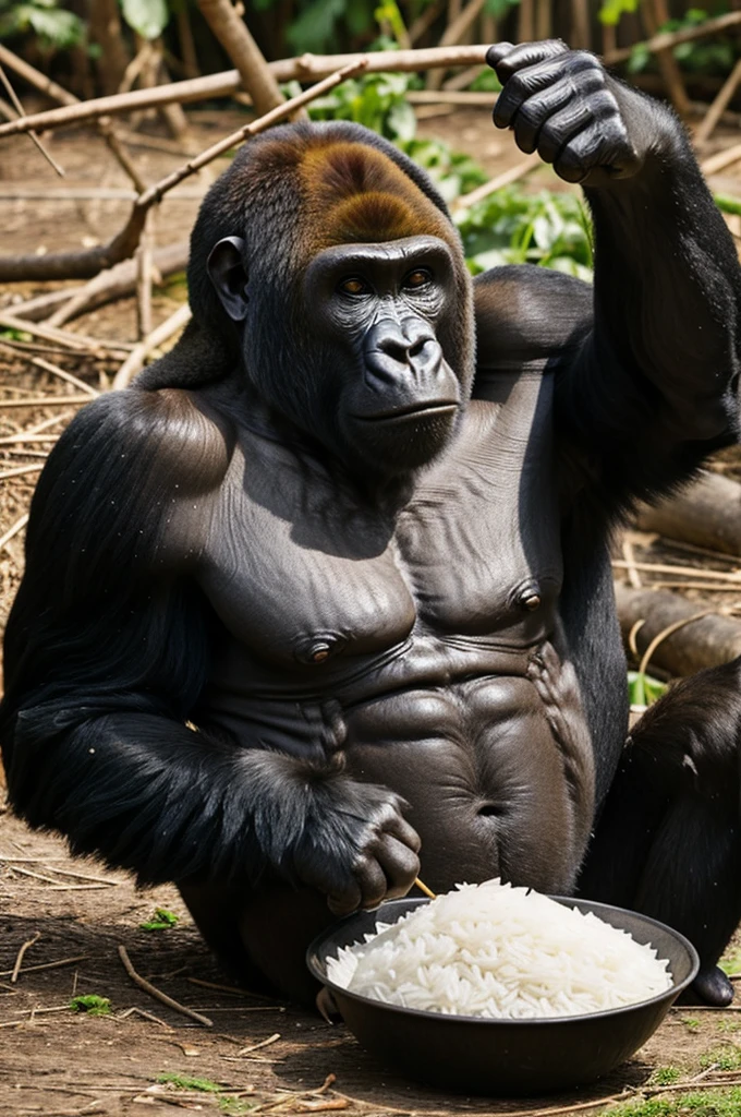 Gorilla eats rice