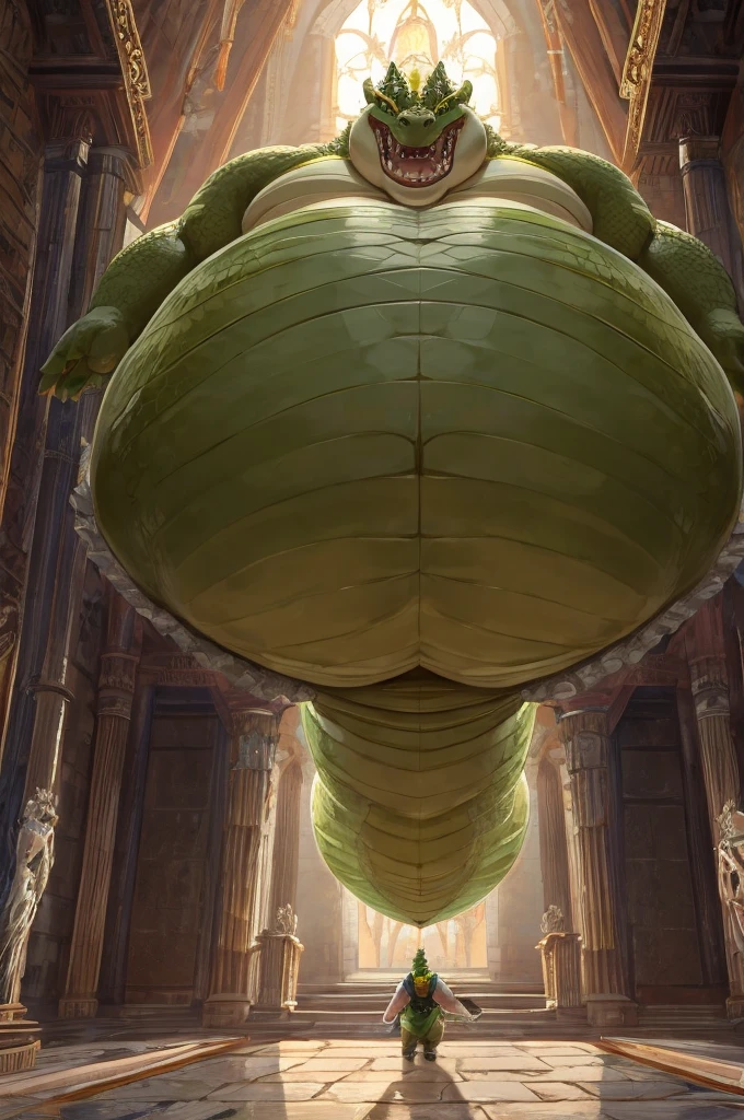 Very Obese green Dragon、, yellow and green crocodile-like scales、Composition looking up from diagonally below abormally obese abdomen、A fat underbelly that spreads to the ground、reaching arm towards screen, Abnormally obese abdomen、Very obese face、Abnormally fatty neck、A belly as swollen as a mountain、toothy grin, A body that fills the screen、Background of a castle throne room, view from above,