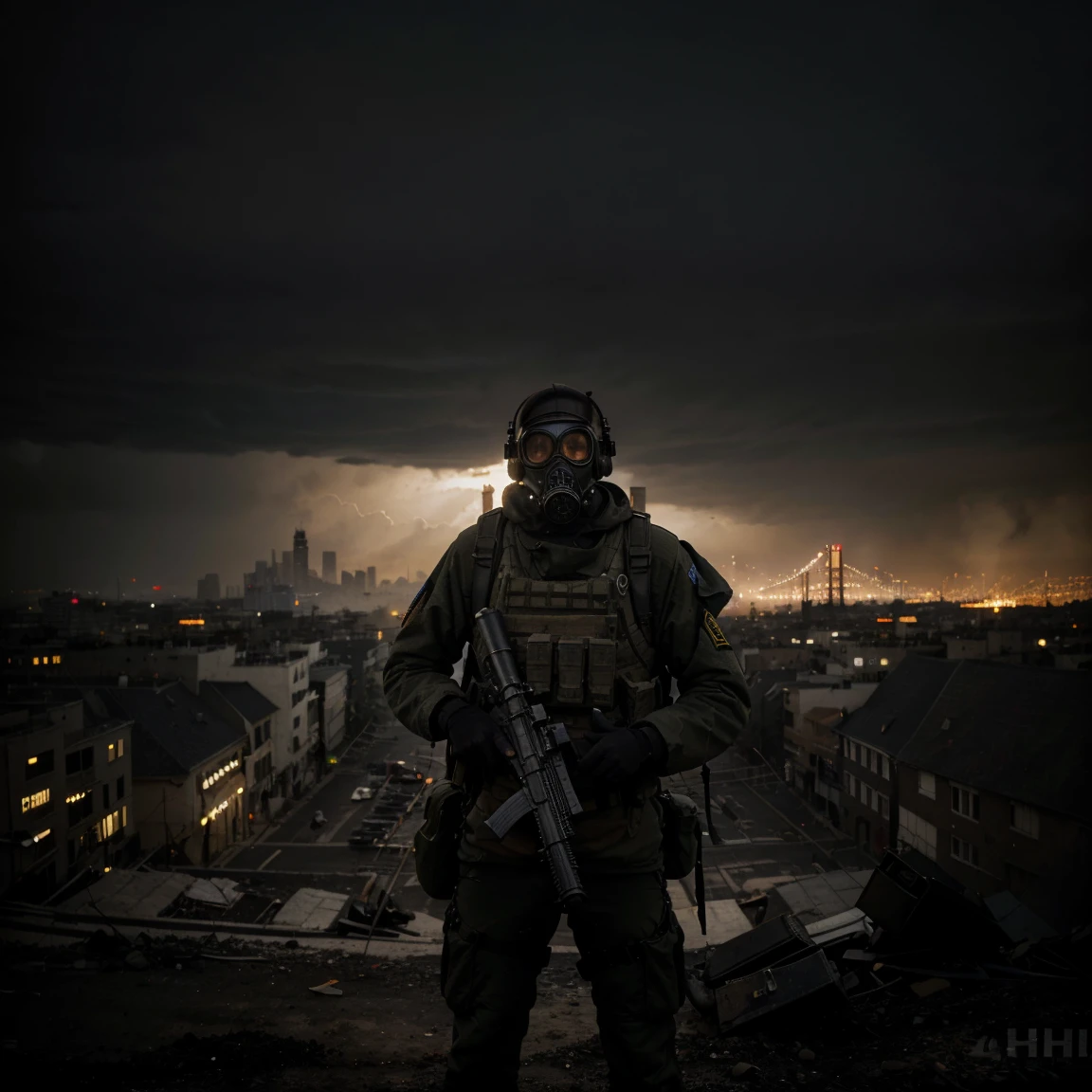 apocalyptic, soldier wearing gas mask, smoke, dark sky, 4:00 p.m. day time, extremely detailed, masterpiece, the better quality, 8K UHD, full body, tactical gear, perfectly well made and detailed M240 Machine Gun, holding weapon, highly detailed devastated big city background, dark atmosphere, volumetric illumination, a lot of books in the ground, visible devastated cathedral with a cross,