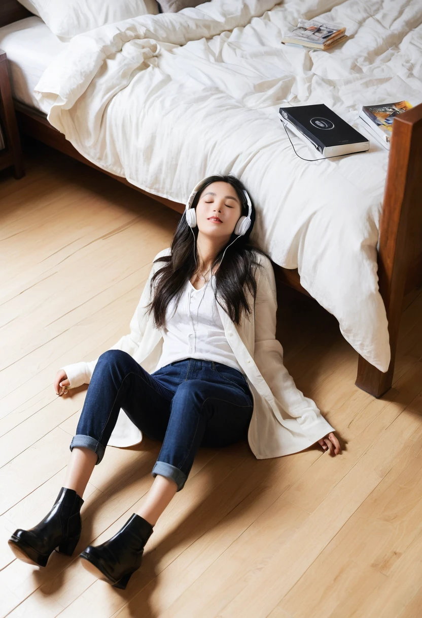 Imagine a person lying on the floor in a room,Put your feet on the bed and listen to music