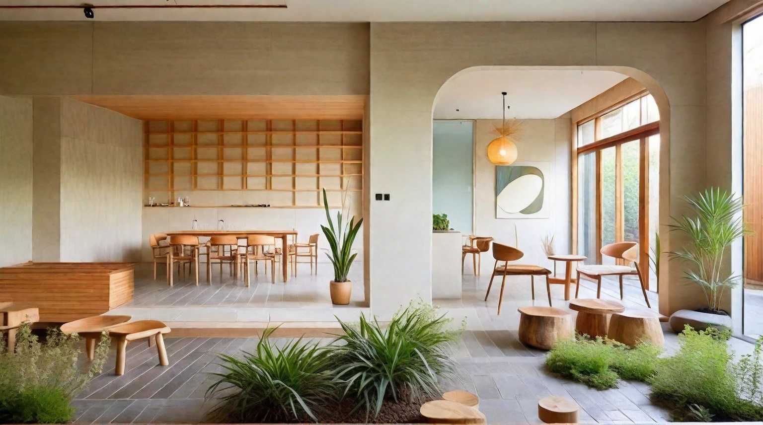 A Muji style living room featuring a reception bar area with high stools. The space has a neutral color palette of whites, beiges, and natural wood tones. It includes a flat ceiling with evenly spaced recessed downlights. The reception bar area has a wooden counter and high stools. The living room features a low-profile sofa, wooden coffee table, wall-mounted shelves, large windows with wooden blinds, potted plants, full of rustic handmade decor, and an accent wall with artistic tile or stone cladding. The design emphasizes functionality and simplicity, with a focus on natural materials and a serene color palette. The layout is open and spacious, promoting a sense of calm and relaxation. The overall look is modern yet warm, with an emphasis on comfort, natural beauty, and handmade elements. ((8k)), high quality detail, minimalist design, neutral color palette, natural materials, clean lines, serene and functional, modern Japanese aesthetic, flat ceiling, recessed downlights, wooden reception bar, high stools, low-profile sofa, wooden coffee table, wall-mounted shelves, large windows, wooden blinds, potted plants, handmade decor, artisanal elements, artistic tile or stone accent wall, natural light, uncluttered, open layout, traditional Japanese wall hangings, paper lanterns.