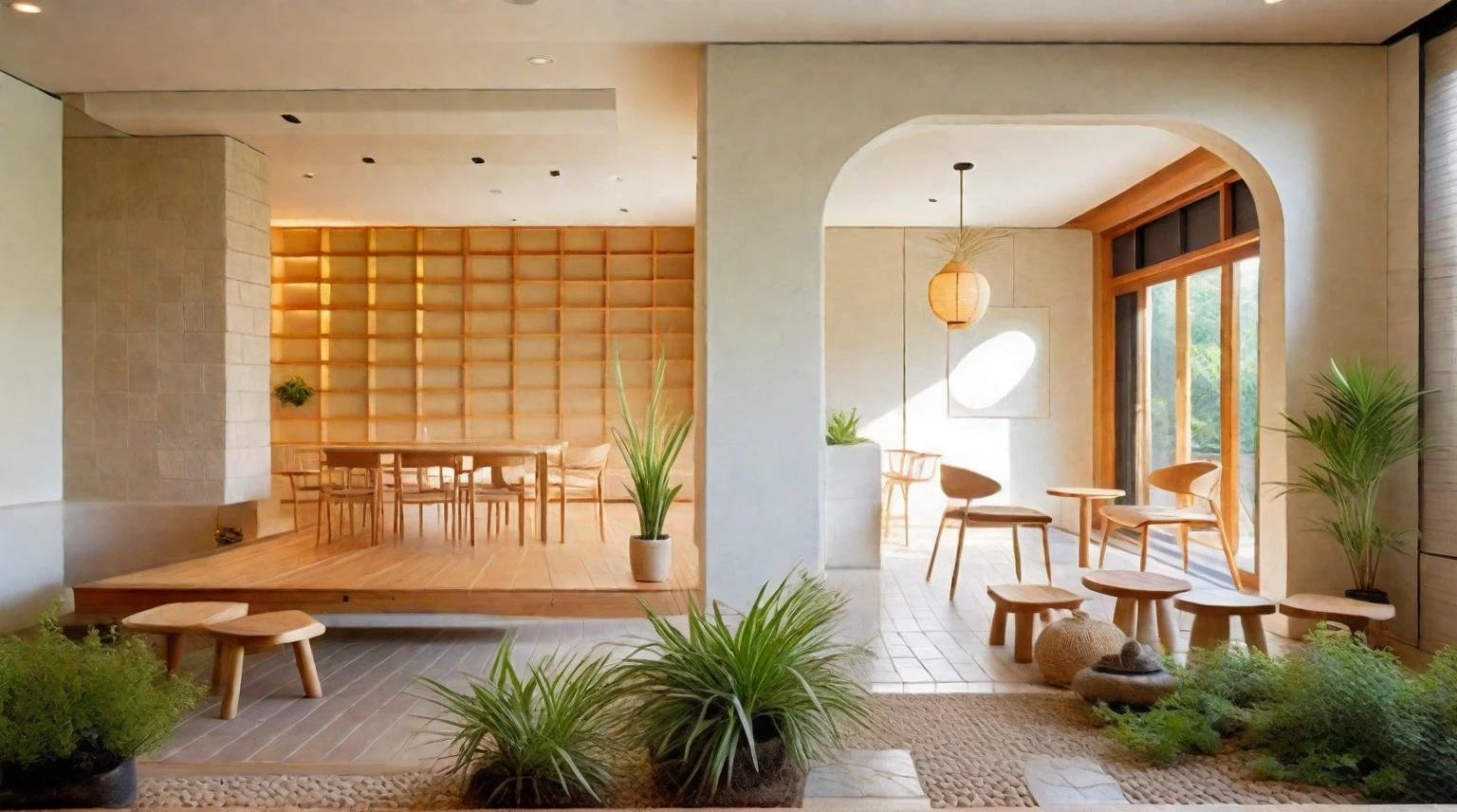 A Muji style living room featuring a reception bar area with high stools. The space has a neutral color palette of whites, beiges, and natural wood tones. It includes a flat ceiling with evenly spaced recessed downlights. The reception bar area has a wooden counter and high stools. The living room features a low-profile sofa, wooden coffee table, wall-mounted shelves, large windows with wooden blinds, potted plants, full of rustic handmade decor, and an accent wall with artistic tile or stone cladding. The design emphasizes functionality and simplicity, with a focus on natural materials and a serene color palette. The layout is open and spacious, promoting a sense of calm and relaxation. The overall look is modern yet warm, with an emphasis on comfort, natural beauty, and handmade elements. ((8k)), high quality detail, minimalist design, neutral color palette, natural materials, clean lines, serene and functional, modern Japanese aesthetic, flat ceiling, recessed downlights, wooden reception bar, high stools, low-profile sofa, wooden coffee table, wall-mounted shelves, large windows, wooden blinds, potted plants, handmade decor, artisanal elements, artistic tile or stone accent wall, natural light, uncluttered, open layout, traditional Japanese wall hangings, paper lanterns.