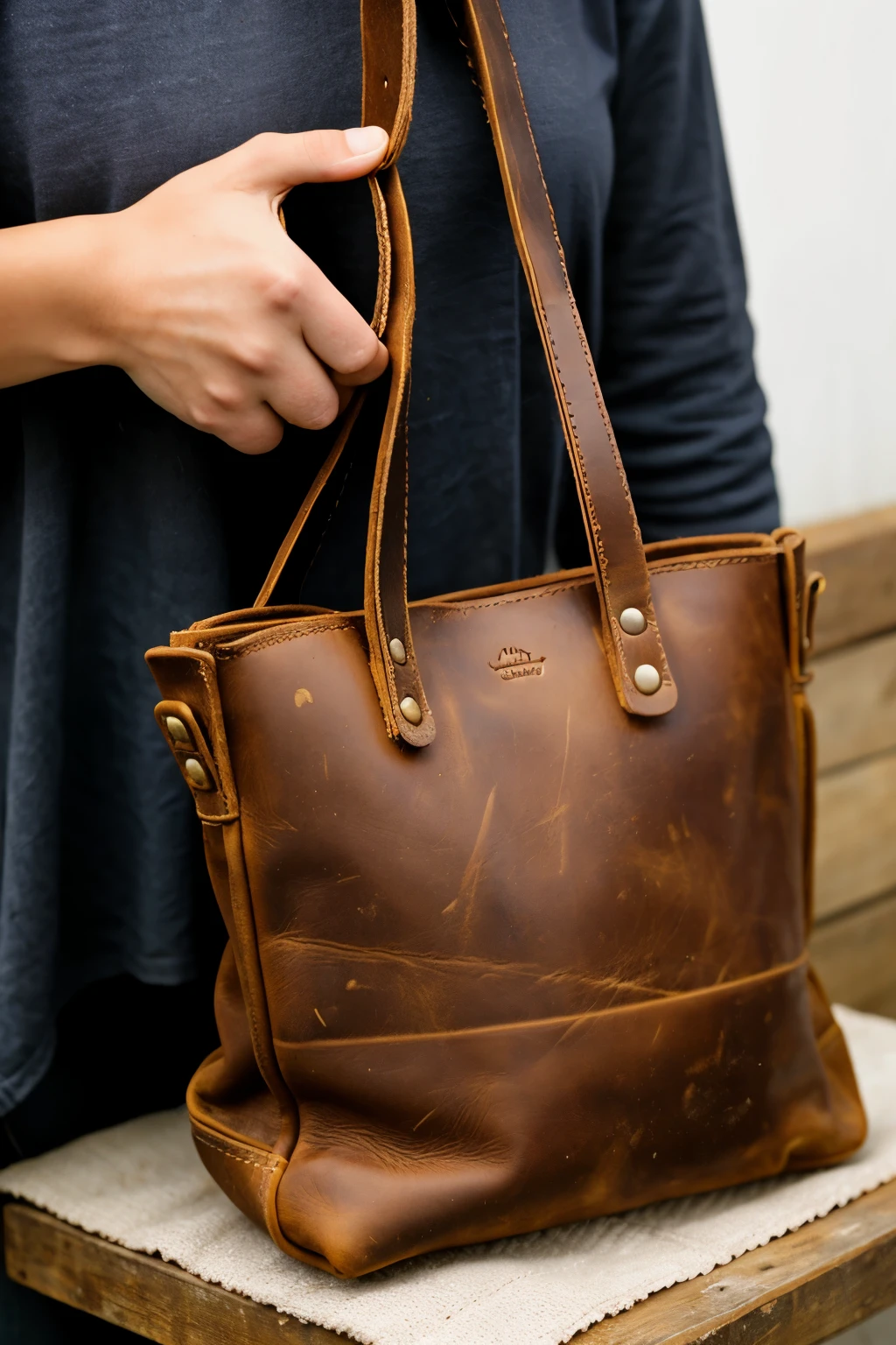 show me a picture of a natural leather bag being cleaned by a damp cloth