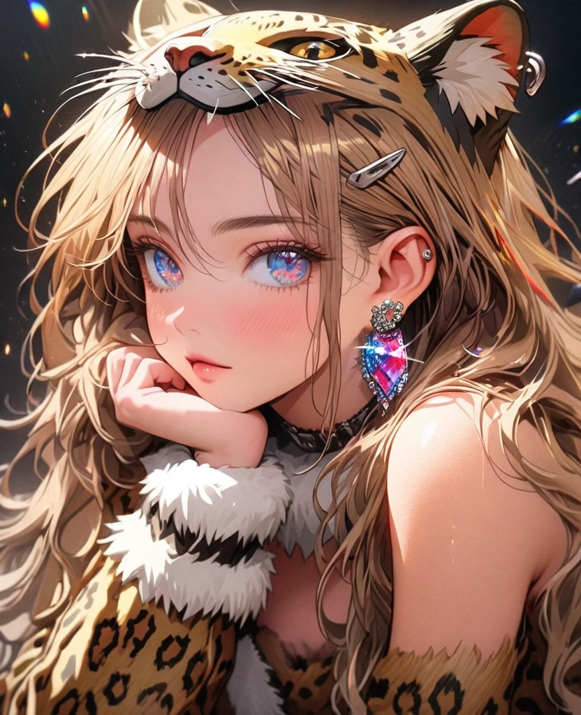 8K,gal,an extremely delicate and beautiful,Beautiful and realistic skin,Shiny jewel-like earrings,Long colorful hair,beautiful eyes,whole body,head to toe,beautiful regs,leopard costume