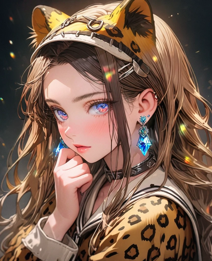 8K,gal,an extremely delicate and beautiful,Beautiful and realistic skin,Shiny jewel-like earrings,Long colorful hair,beautiful eyes,whole body,head to toe,beautiful regs,leopard costume
