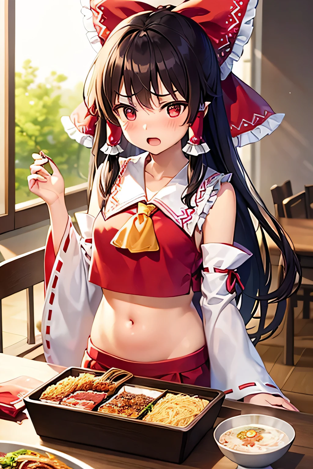 super fine illustration, vibrant colors, masterpiece, sharp focus, best quality, depth of field, cinematic lighting, ultra detailed, blush, annoyed, belly, navel, tummy, crop top, shrine maiden, hakurei reimu, 1girl, hair bow, ascot, hair tubes, detached sleeves, looking down, red shirt, red skirt, very long hair, very messy hair, dark brown hair, indoors, mature woman, ,hakurei reimu, 1girl, hair bow, ascot, hair tubes, miko, detached sleeves, Reimu Hakurei, leaning on table, food on table, ramen, rice, raised hands, open mouth