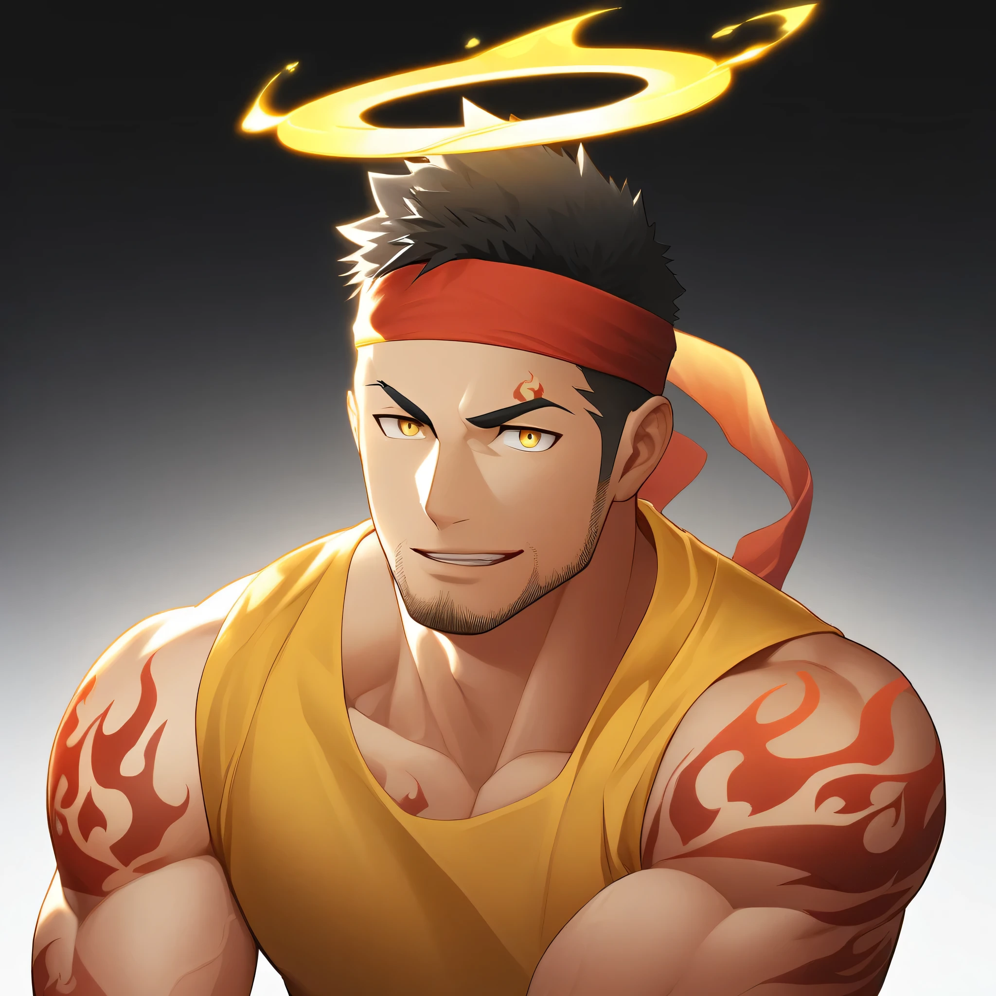 anime characters：Gyee, priapus, 1 young muscular man, male focus, Flame tattoo, sports Red headband, Dark Yellow spandex tight tank top, muscular male, muscular, only, Upper body, alone, Black short hair, Thick eyebrows, stubble, Yellow eyes, White background, simple background, amazing quality, best aesthetics, Ridiculous, bright pupils, crew cut, naughty face, torogao, parted lips, halo, god rays, best quality