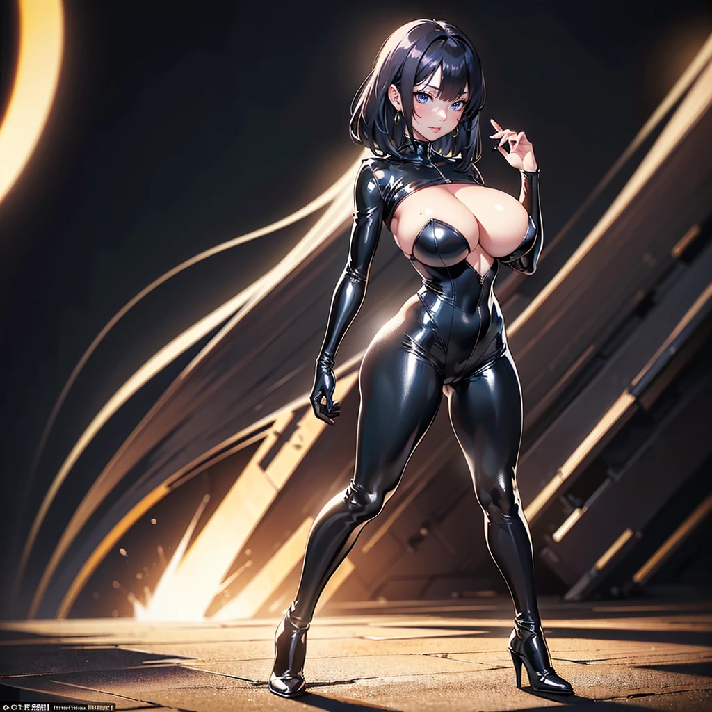 NSFW, chest is bigger than torso, huge breasts, crazy swollen breasts, Otherworldly Background, wearing a black latex jumpsuit, Realistic 공상 rendering, Realistic animated woman rendering, View, (full body portrait: 1.4), (big bust: 1.4), (Exaggerated body proportions), long dark blue hair, wearing delicate earrings, My chest is exposed through my clothes., Chubby buttocks, slim legs, (Wearing a black translucent bodysuit), (wearing black leather boots), High , octane rendering, (an outstanding masterpiece, Surreal 8K CG, dramatic, ray tracing, HDR:1.2), (best quality), Brilliant lights, (realistic face: 1.2), (dent in the skin: 1.3), 1 woman
