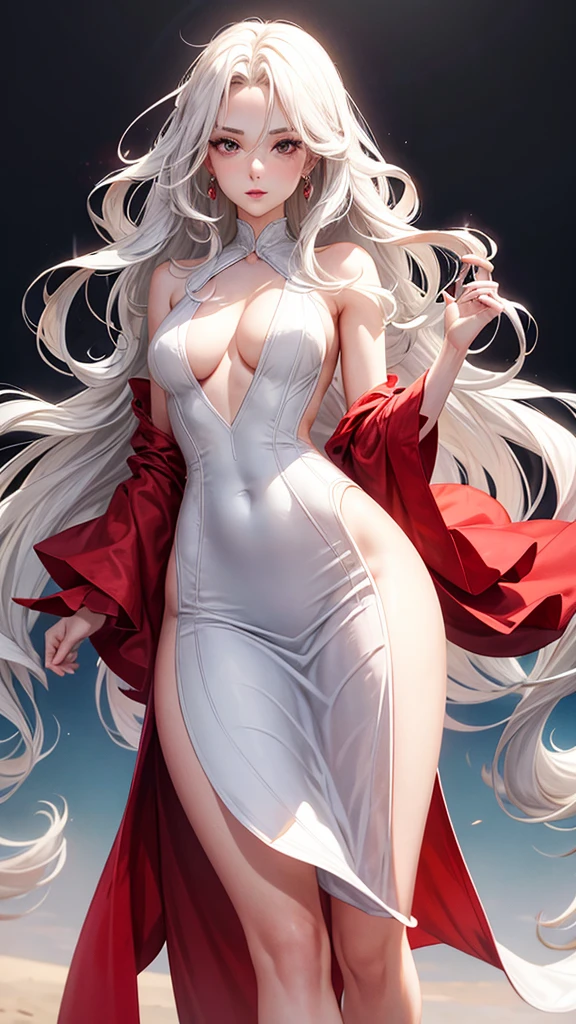 Elegant 27 year old woman,, white, wavy hair, hip-length, small, fleshy lips, simple makeup, confident look modeling a sexy and elegant low-cut red dress, Wide hips, medium buttocks,