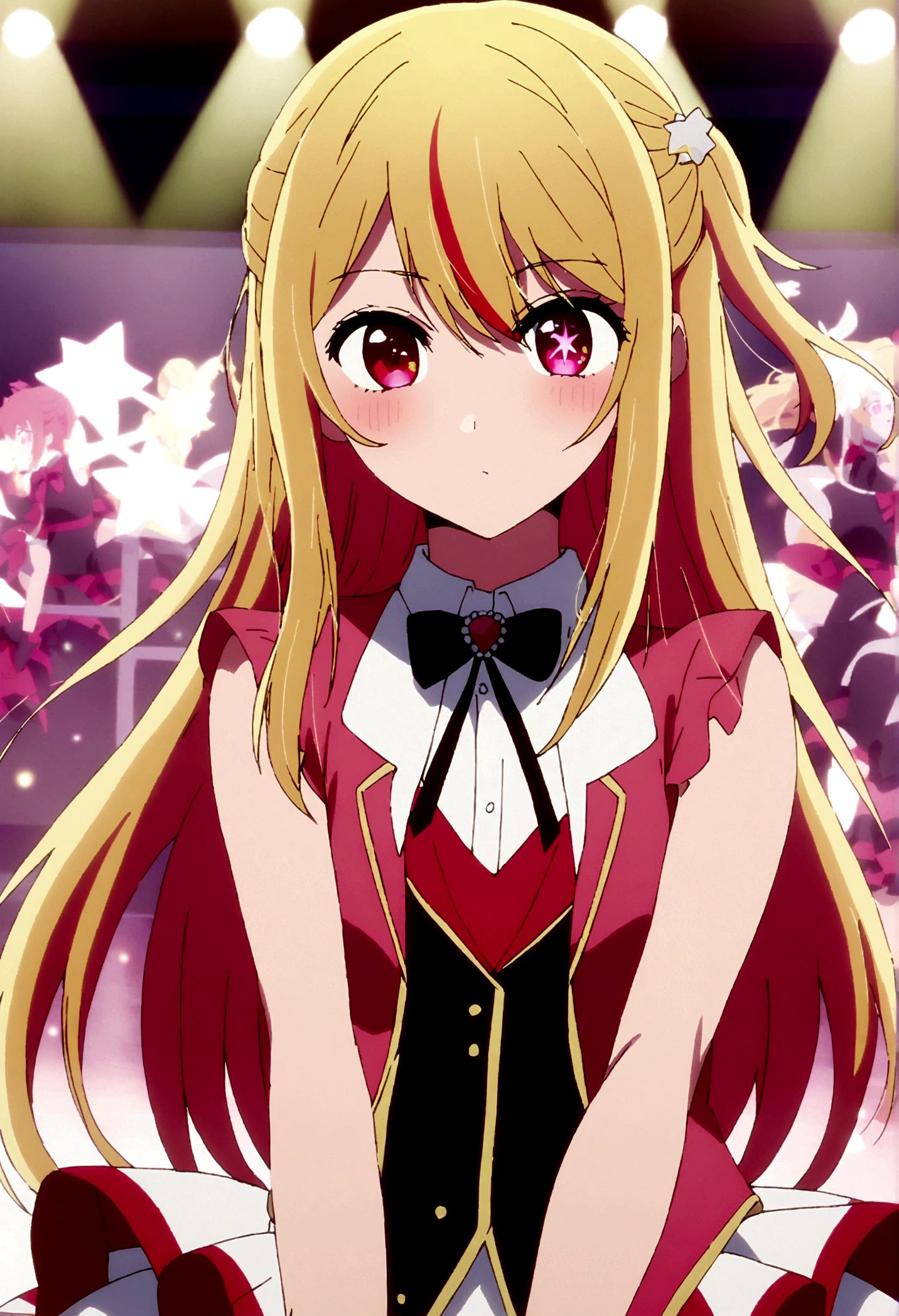 hoshinoruby, star-shaped pupils, ruby_hoshino, idol, blonde hair, bangs, 1girl, pink eyes, long hair, looking at viewer, red eyes, streaked hair, red idol costumes, on stage,