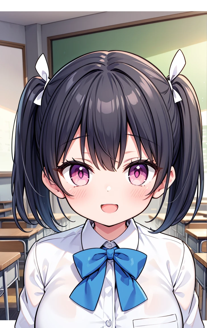 ( Highest quality, High resolution, Ticker, Pixel perfect, Depth of written border, In 4K),
1 Girl, alone, , Beautiful Anime Girls,
View your viewers,
Perfect body,
short hair, Black Hair, Pink Eyes,
smile, Open your mouth, blush,
JK Huge , White shirt, big , Blue Ribbon,
classroom,
throw, Twin tails
