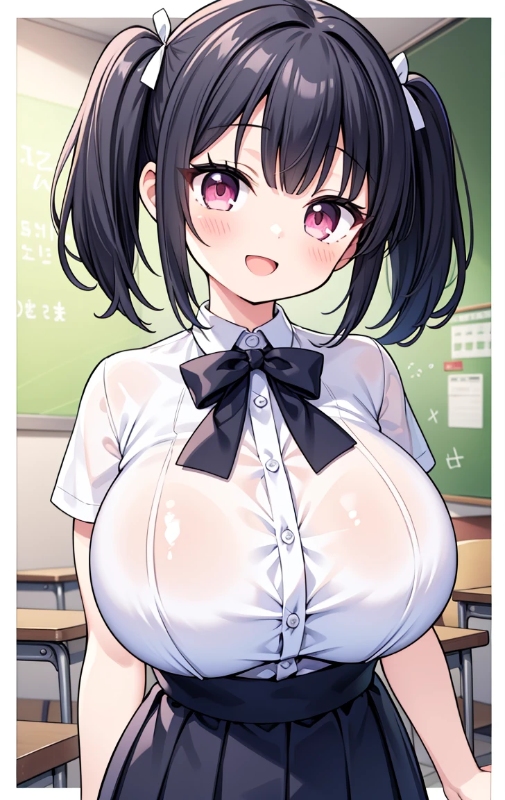 ( Highest quality, High resolution, Ticker, Pixel perfect, Depth of written border, In 4K),
1 Girl, alone, , Beautiful Anime Girls,
View your viewers,
Perfect body,
short hair, Black Hair, Pink Eyes,
smile, Open your mouth, blush,
JK Huge , White shirt, big , Blue Ribbon,
classroom,
throw, Twin tails