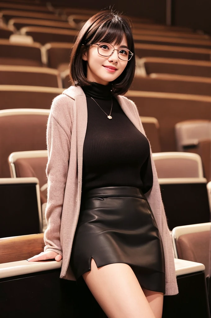 A voluptuous, rounded body、University lecture hall, university psychology associate professor, ((full body)), ((photo)), ((best qualtiy, 8K, tmasterpiece:1.3)), Focus:1.2, perfect figure beautiful woman:1.41woman, cowboy shot, look at viewer, eyes facing the camera, incredibly absurd, beautiful and cute woman with a photorealistic face, showcasing top-quality craftsmanship, A Japanese woman giving a lecture at a university lecture hall, 27 years old, with a bob cut and flipped hair, short bangs swept at an angle, smooth and shiny hair, natural hairline, fair and smooth skin, plump and healthy cheeks, large, jet black eyes, round eyes, long and upward-facing eyelashes, double eyelids, thin and straight eyebrows, small and round nose, plump lips, upturned corners of the mouth, charming smile, cute face, glamorous, well-balanced proportions, tall, beautiful D-cup breasts, silver-rimmed glasses, pink blouse, black tight skirt, fashion with a waist-marked silhouette, scarf, heeled shoes, vanilla perfume, beautiful, pretty older woman, glasses suit her, knowledgeable, playful, curious, smart, elegant, November
