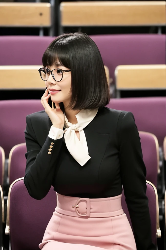 A voluptuous, rounded body、University lecture hall, university psychology associate professor, ((full body)), ((photo)), ((best qualtiy, 8K, tmasterpiece:1.3)), Focus:1.2, perfect figure beautiful woman:1.41woman, cowboy shot, look at viewer, eyes facing the camera, incredibly absurd, beautiful and cute woman with a photorealistic face, showcasing top-quality craftsmanship, A Japanese woman giving a lecture at a university lecture hall, 27 years old, with a bob cut and flipped hair, short bangs swept at an angle, smooth and shiny hair, natural hairline, fair and smooth skin, plump and healthy cheeks, large, jet black eyes, round eyes, long and upward-facing eyelashes, double eyelids, thin and straight eyebrows, small and round nose, plump lips, upturned corners of the mouth, charming smile, cute face, glamorous, well-balanced proportions, tall, beautiful D-cup breasts, silver-rimmed glasses, pink blouse, black tight skirt, fashion with a waist-marked silhouette, scarf, heeled shoes, vanilla perfume, beautiful, pretty older woman, glasses suit her, knowledgeable, playful, curious, smart, elegant, November