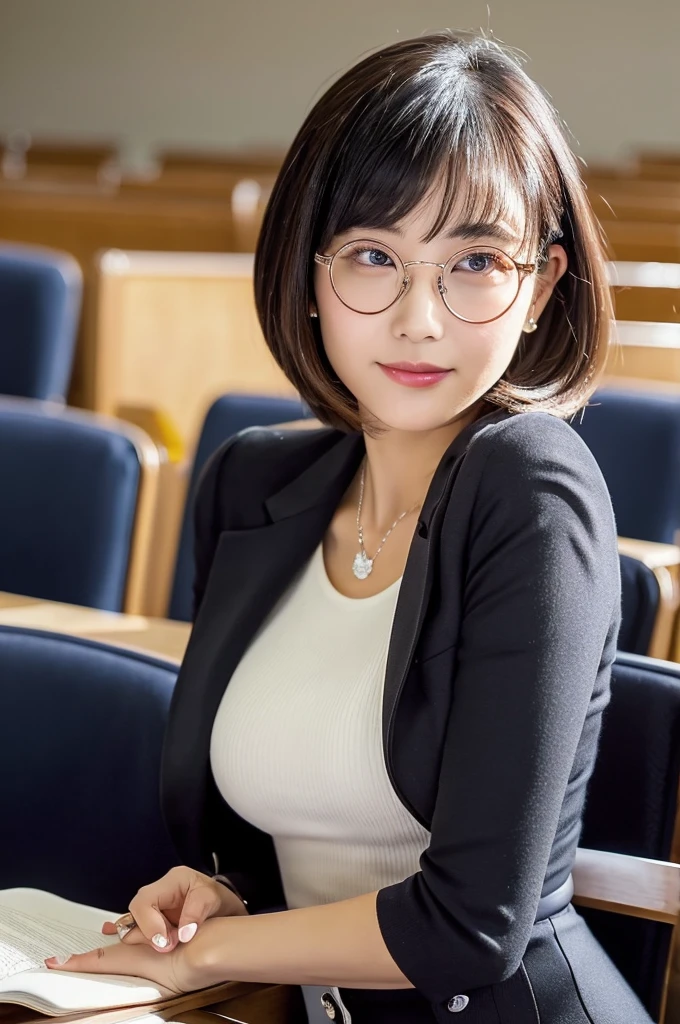 A voluptuous, rounded body、University lecture hall, university psychology associate professor, ((full body)), ((photo)), ((best qualtiy, 8K, tmasterpiece:1.3)), Focus:1.2, perfect figure beautiful woman:1.41woman, cowboy shot, look at viewer, eyes facing the camera, incredibly absurd, beautiful and cute woman with a photorealistic face, showcasing top-quality craftsmanship, A Japanese woman giving a lecture at a university lecture hall, 27 years old, with a bob cut and flipped hair, short bangs swept at an angle, smooth and shiny hair, natural hairline, fair and smooth skin, plump and healthy cheeks, large, jet black eyes, round eyes, long and upward-facing eyelashes, double eyelids, thin and straight eyebrows, small and round nose, plump lips, upturned corners of the mouth, charming smile, cute face, glamorous, well-balanced proportions, tall, beautiful D-cup breasts, silver-rimmed glasses, pink blouse, black tight skirt, fashion with a waist-marked silhouette, scarf, heeled shoes, vanilla perfume, beautiful, pretty older woman, glasses suit her, knowledgeable, playful, curious, smart, elegant, November