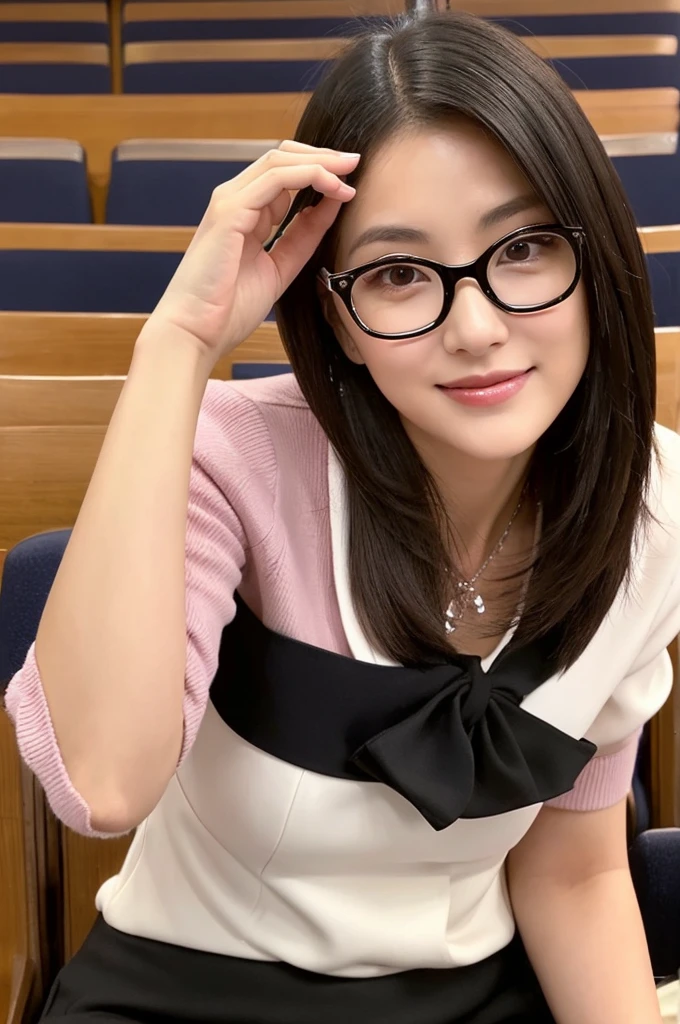 A voluptuous, rounded body、University lecture hall, university psychology associate professor, ((full body)), ((photo)), ((best qualtiy, 8K, tmasterpiece:1.3)), Focus:1.2, perfect figure beautiful woman:1.41woman, cowboy shot, look at viewer, eyes facing the camera, incredibly absurd, beautiful and cute woman with a photorealistic face, showcasing top-quality craftsmanship, A Japanese woman giving a lecture at a university lecture hall, 27 years old, with a bob cut and flipped hair, short bangs swept at an angle, smooth and shiny hair, natural hairline, fair and smooth skin, plump and healthy cheeks, large, jet black eyes, round eyes, long and upward-facing eyelashes, double eyelids, thin and straight eyebrows, small and round nose, plump lips, upturned corners of the mouth, charming smile, cute face, glamorous, well-balanced proportions, tall, beautiful D-cup breasts, silver-rimmed glasses, pink blouse, black tight skirt, fashion with a waist-marked silhouette, scarf, heeled shoes, vanilla perfume, beautiful, pretty older woman, glasses suit her, knowledgeable, playful, curious, smart, elegant, November