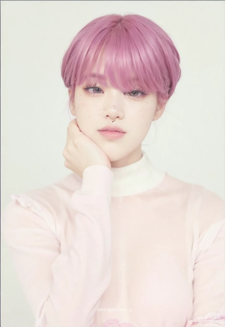 a closeup of a person with pink hair and a camera, Jimin\full lips, portrait of jossi de blackpink, jossi de blackpink, Jimin\his right eyelid is swollen, accurate Jimin face, her face looks like an orchid, roseanne park by blackpink, Jimin, retrato de Jisoo from Blackpink, Jisoo from Blackpink, Jimin\'s grecian nose