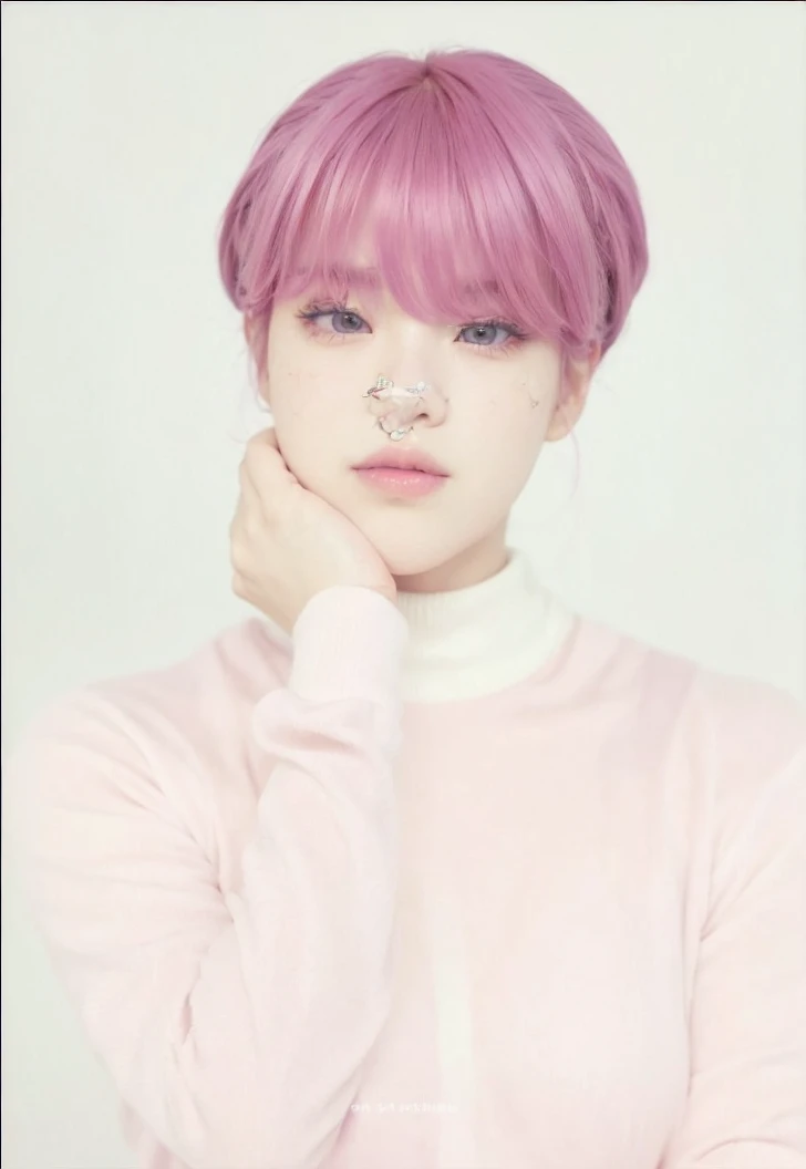 a closeup of a person with pink hair and a camera, Jimin\full lips, portrait of jossi de blackpink, jossi de blackpink, Jimin\his right eyelid is swollen, accurate Jimin face, her face looks like an orchid, roseanne park by blackpink, Jimin, retrato de Jisoo from Blackpink, Jisoo from Blackpink, Jimin\'s grecian nose