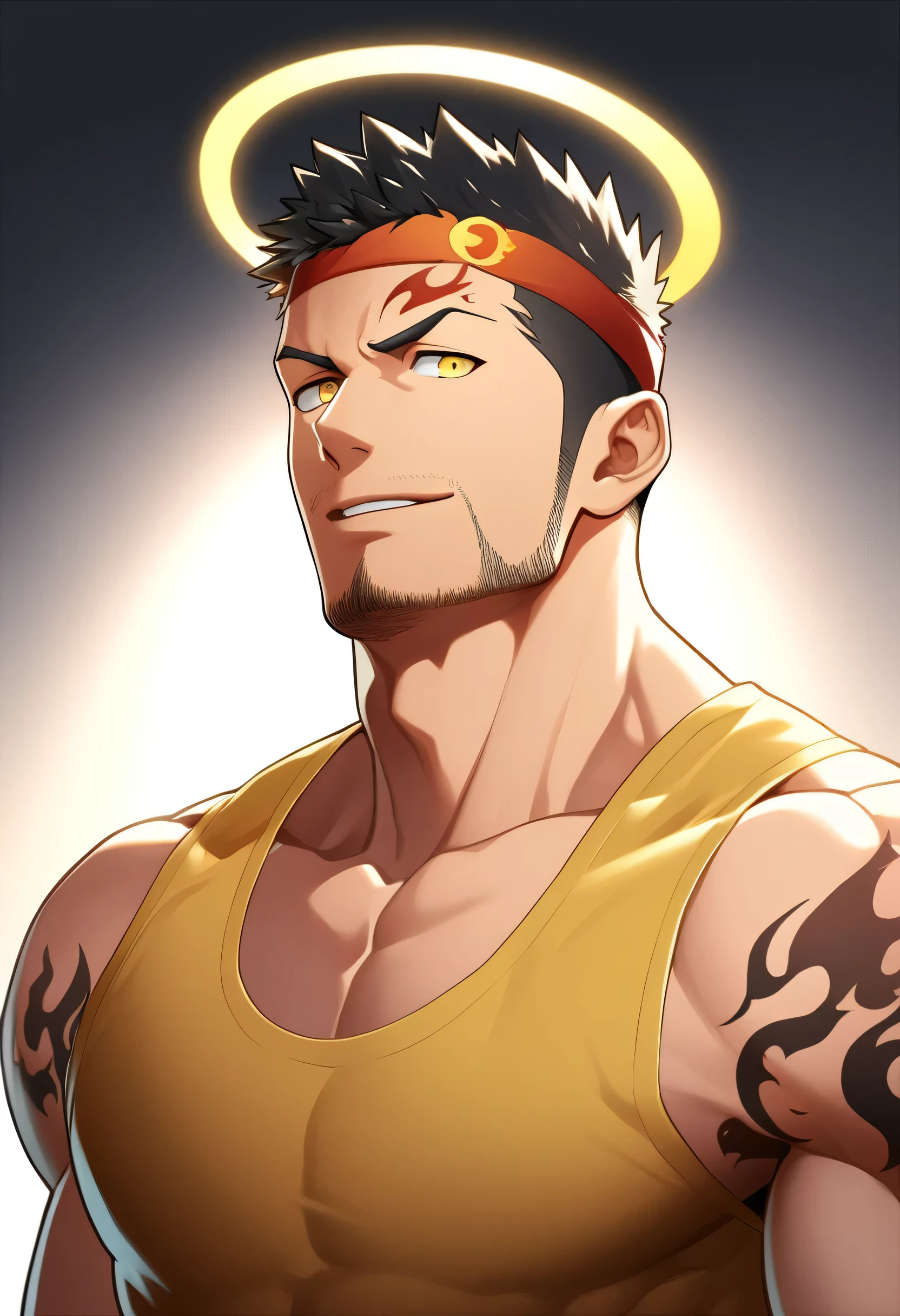 anime characters：Gyee, priapus, ung muscular man, male focus, Flame tattoo, sports Red headband, Dark Yellow spandex tight tank top, Very tight, muscular male, muscular, only, Upper body, alone, Black short hair, Thick eyebrows, stubble, Yellow eyes, White background, simple background, amazing quality, best aesthetics, Ridiculous, bright pupils, crew cut, naughty face, torogao, parted lips, halo, god rays, best quality