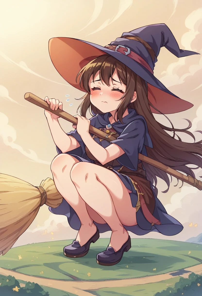 ((((空を飛ぶwitch))),((Ride a broom)),(Straddling a broom),Fantasy,Beautiful light and shadow,Anatomically correct,masterpiece,Highest quality,最高masterpiece,8K,Use of magic,witch:witchの帽子:witchの衣装:Familiar,Wind,Fantasy,wonderful,An illustration,Digital Art,wonderful,wonderful,カラーAn illustration,Rich colors,(Blushing),(Eyes closed),(Mouth closed),(Holding the end of the broom tightly with both hands),(slightly squatting),(Both feet are on the ground),(Both feet are wearing shoes),（ One broom handle、The broom handle is connected）,(The tips of the broom face backwards)