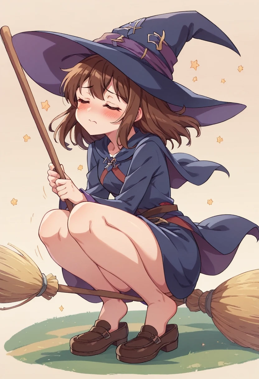 ((((空を飛ぶwitch))),((Ride a broom)),(Straddling a broom),Fantasy,Beautiful light and shadow,Anatomically correct,masterpiece,Highest quality,最高masterpiece,8K,Use of magic,witch:witchの帽子:witchの衣装:Familiar,Wind,Fantasy,wonderful,An illustration,Digital Art,wonderful,wonderful,カラーAn illustration,Rich colors,(Blushing),(Eyes closed),(Mouth closed),(Holding the end of the broom tightly with both hands),(slightly squatting),(Both feet are on the ground),(Both feet are wearing shoes),（ One broom handle、The broom handle is connected）,(The tips of the broom face backwards)