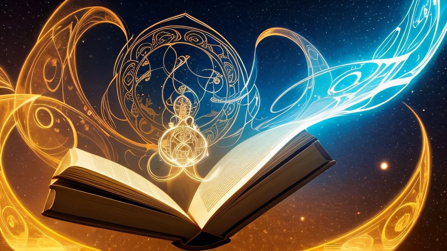 An ethereal being made of light holding a large, glowing book. The book is open, revealing swirling symbols and glyphs that represent the knowledge and wisdom of the universe.