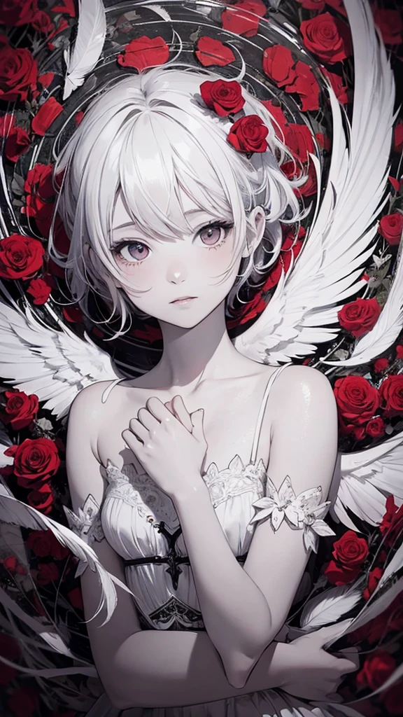 finest image, portrait, line drawing, art, illustration, monochrome, no color, very cute pixie cut girl,Praying Girl，many　 background white, Fluttering white feathers and red roses， professional lighting，Gothic，cross